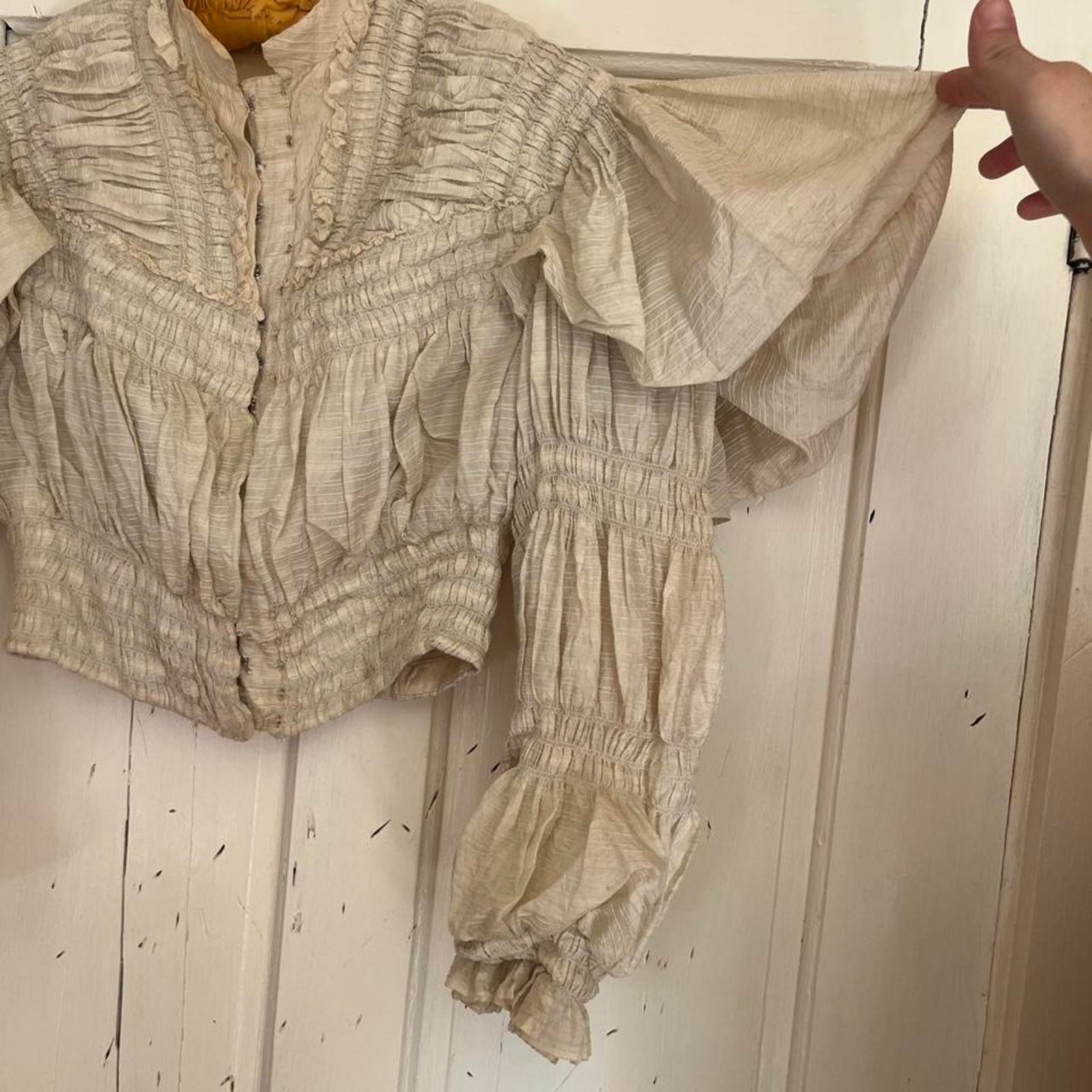 Antique Victorian Mint Green Cream Stripe Silk Ruched Puff Sleeve Bodice XXS