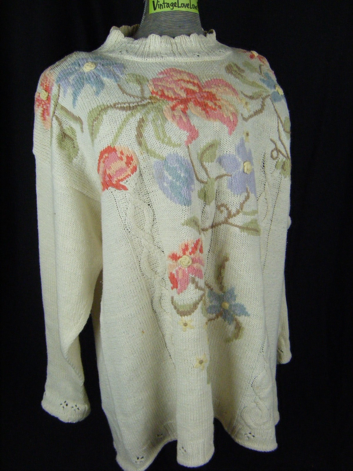 ERIKA Vtg 90s Ivory Floral Ramie Blend Knit Sweater-Bust 48/L