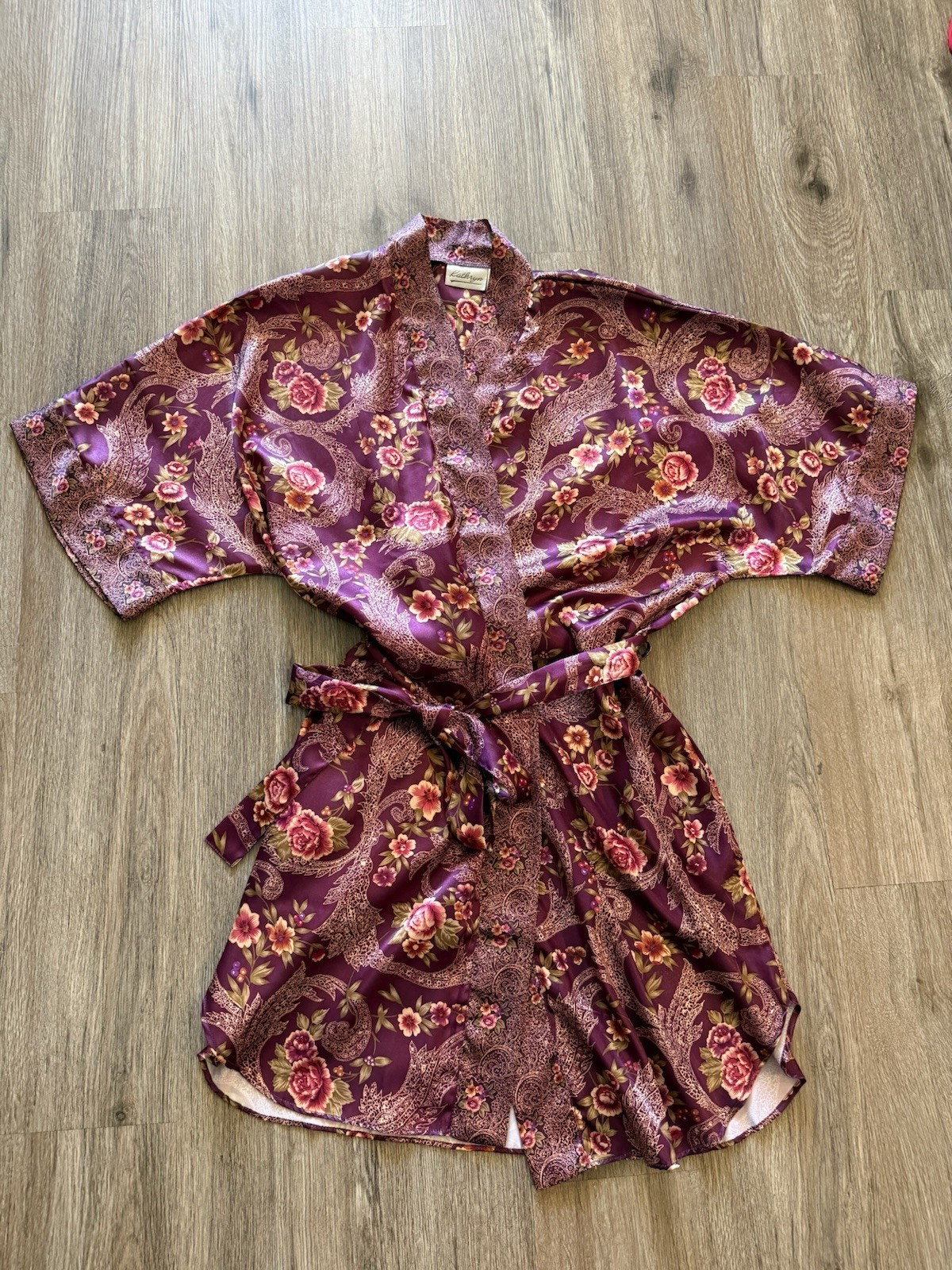 Vtg 90s Kathryn Floral Paisley Robe Chemise Set L Purple Satin UNWORN NWOT