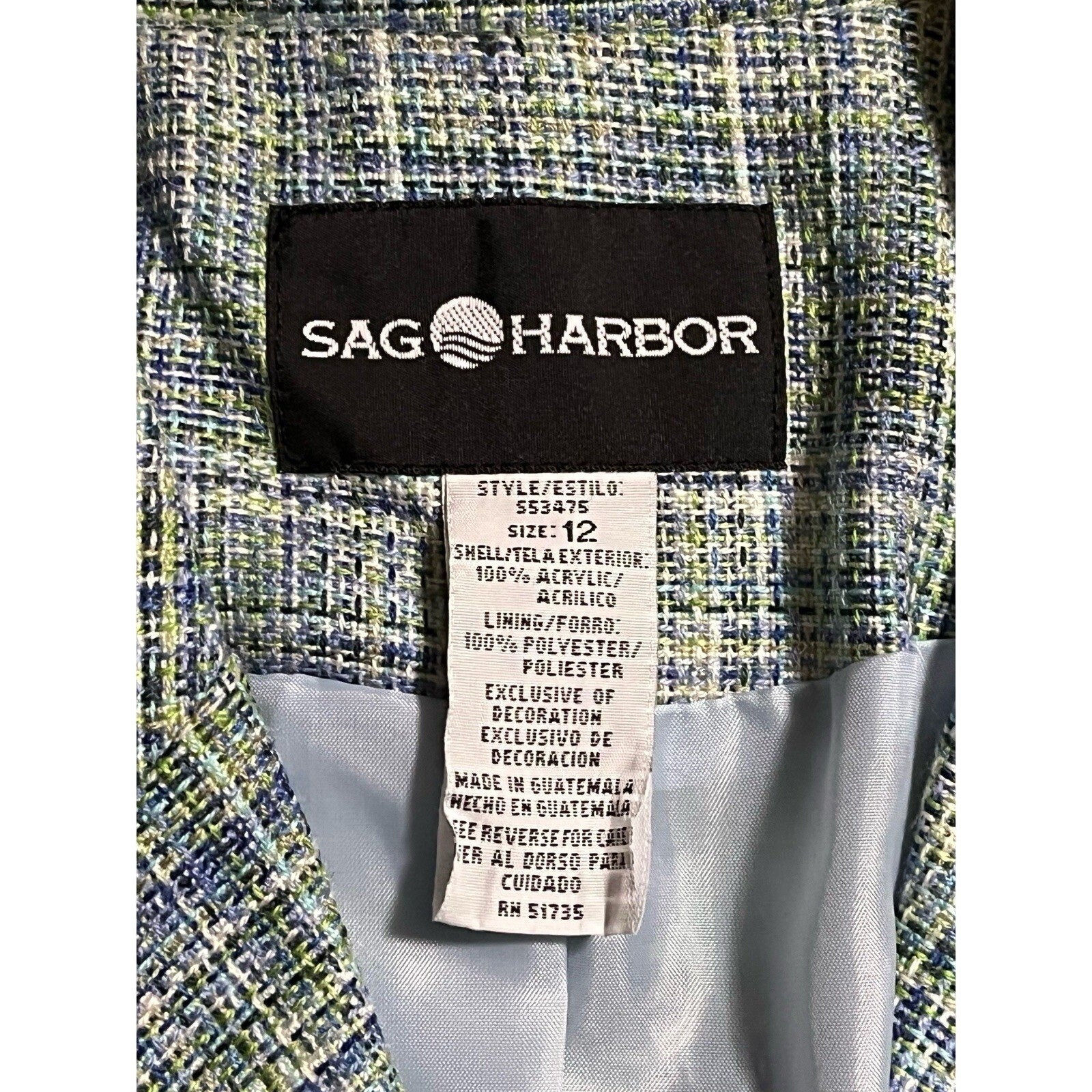 Vintage Sag Harbor Women’s Pastel Tweed Jacket Blazer Suit size 12 In blue green