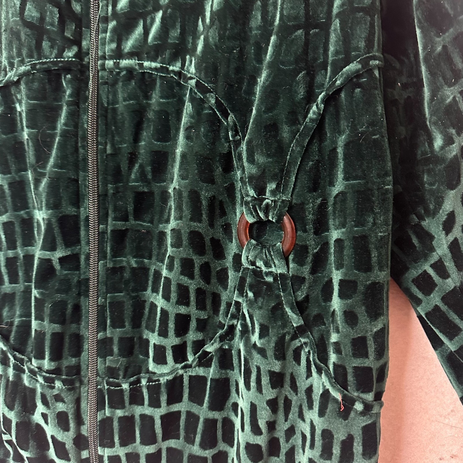 Adolfo Exclusive Vtg Green Velvet Grid Embossed Zip Up Jacket Mock Neck Small