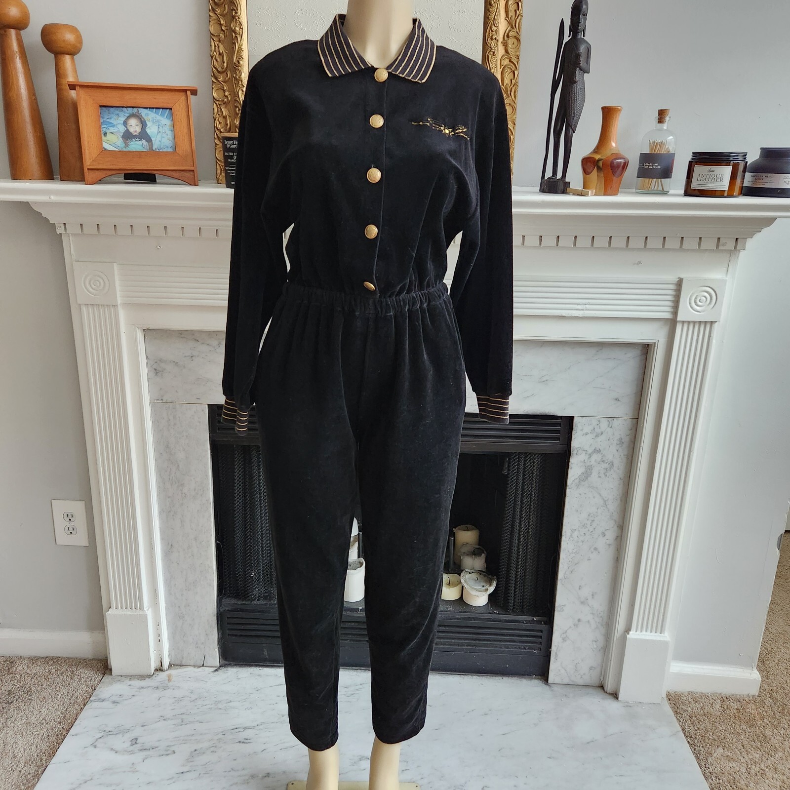 Vintage 80s Black Velour Jumpsuit Size Medium Embroidered Metallic Gold Retro