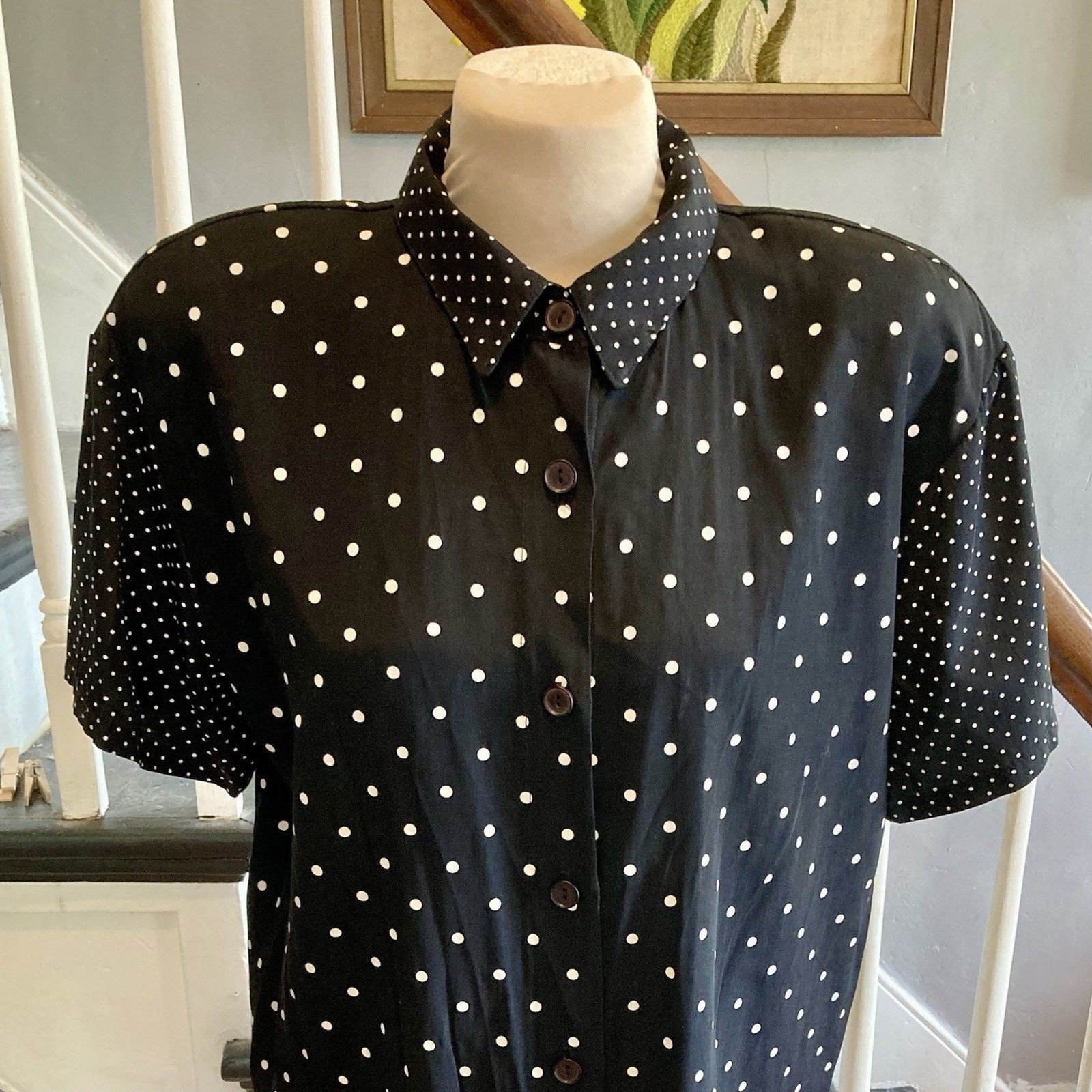 1980s 1990s Black And White Polka dot Shirt Shoulder Pads New Wave Work 9 To 5