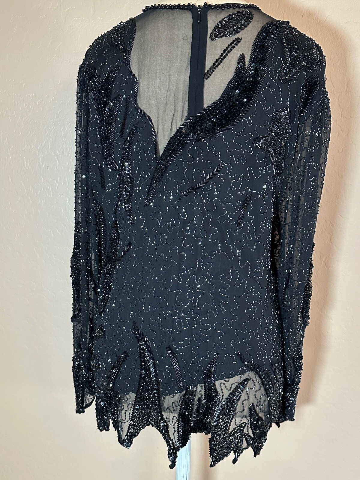 Vintage Sho Max Sheer Black Sequin Beaded Rhinestone Lined Top Blouse Sz M