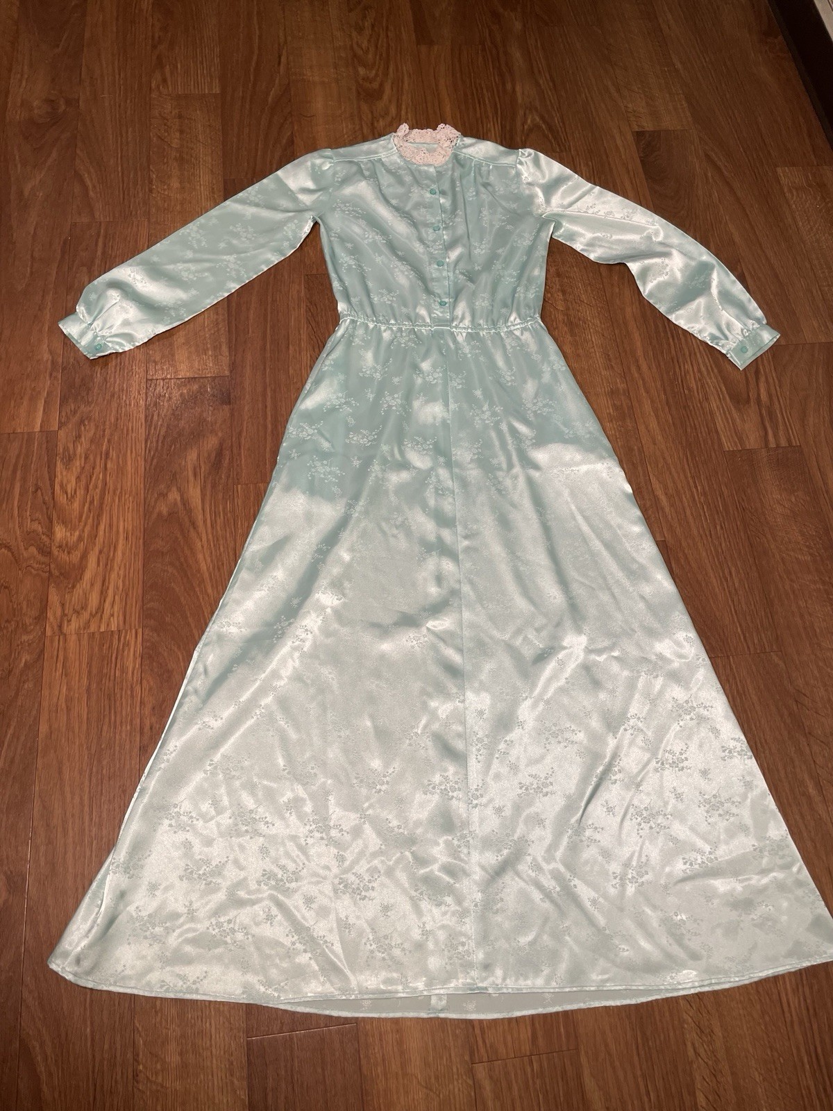 Vintage 60s Blue Satin Prom Maxi Dress Small Floral Modest Cottagecore Coquette