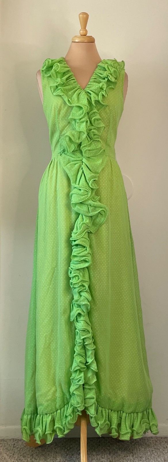 Vintage COCO California M/L Lime Green Swiss Dot Ruffle Maxi Hostess Dress