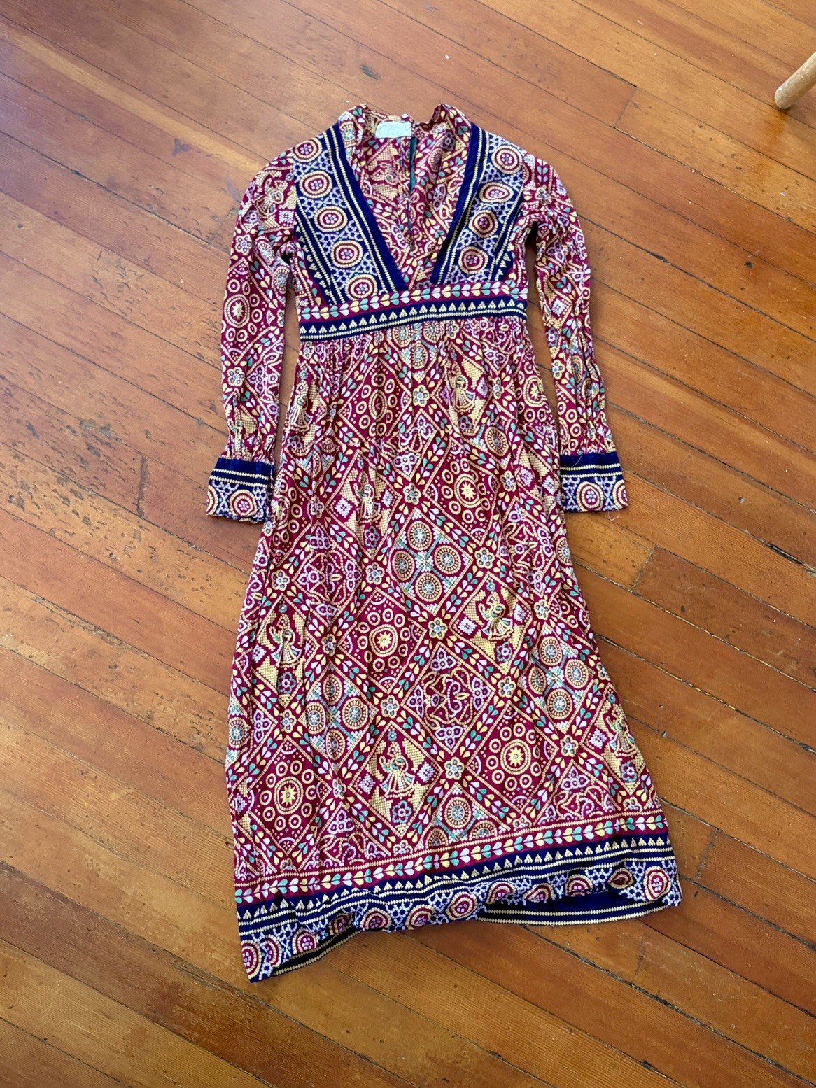 60s 70s Artisan Printed Pakistani Cotton Boho Hippie Empire Waist Maxi Dress XS