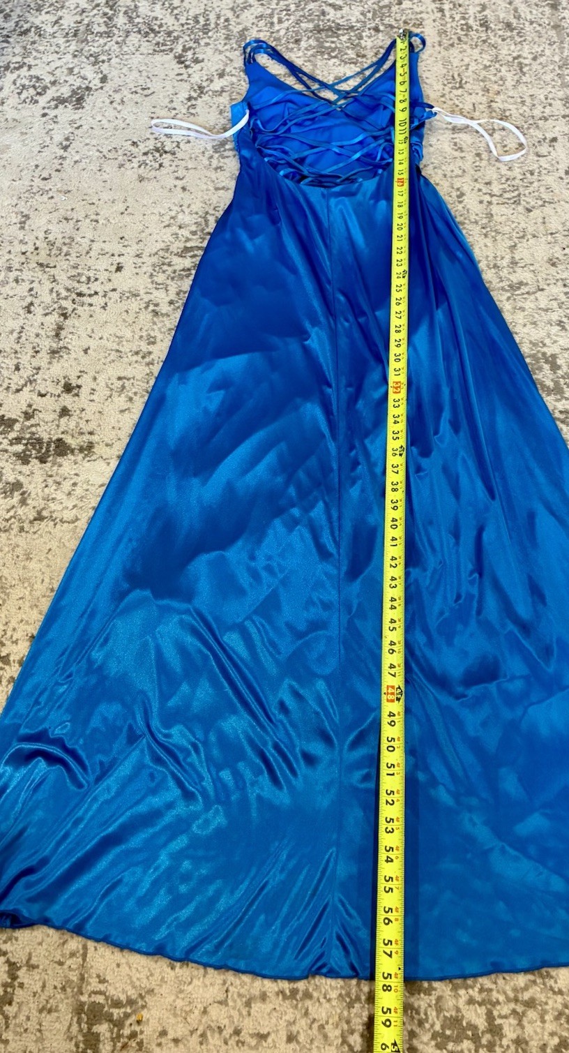 Vtg 90s TABOO Silky Low Back Prom Dress Blue Maxi Gown Slinky Slip Vneck 11/12