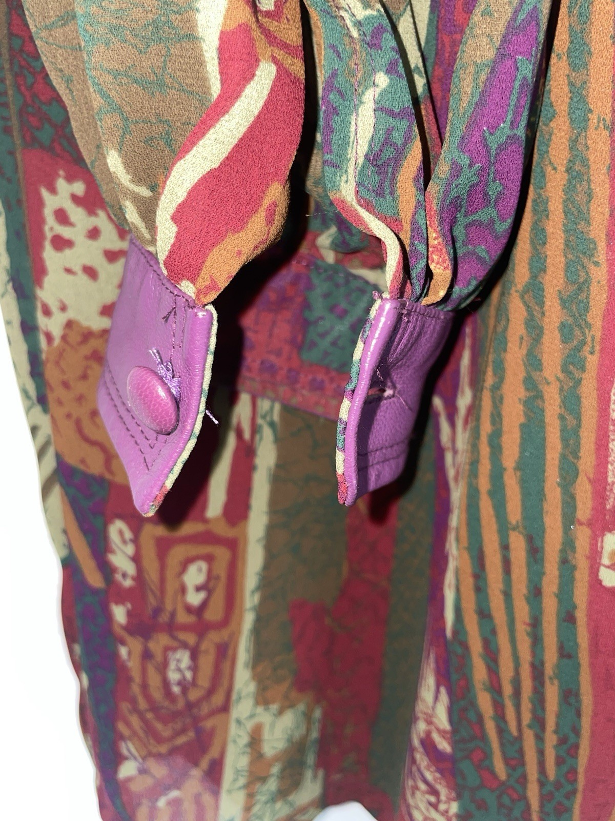 Vintage Marc D’Alcy Blouse Size 2 Abstract Purple Faux Leather Trim Shirt
