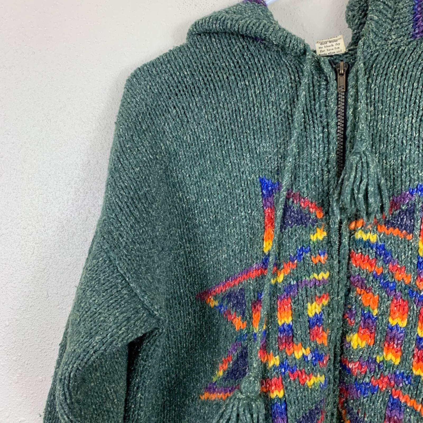 VTG 80s Inti Raymi Artisans Andean Wool Knit Jacket Green L Boho Folk Handmade
