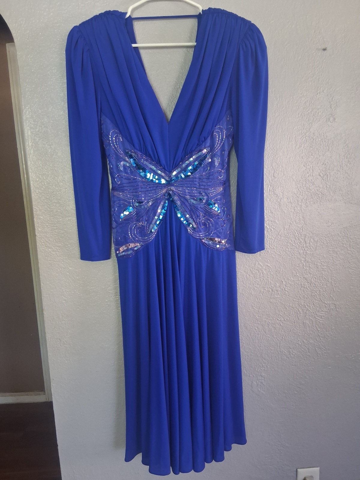 Casadei 1982 Blue Long Sleeve V Neck Beaded Waist Fit & Flair Midi Dress SZ 8