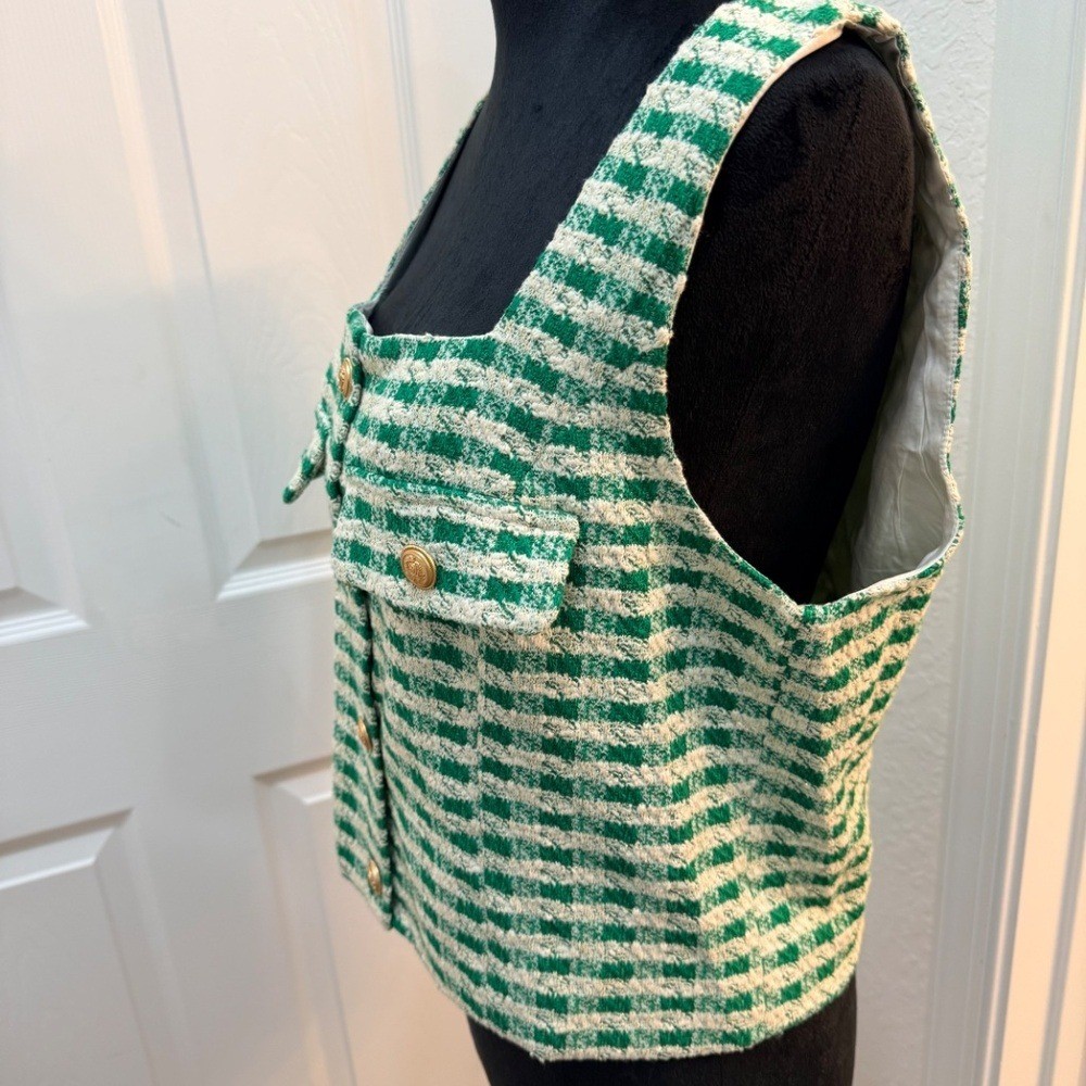 Aqua Vintage 60’s Style Tweed Top – Green & White with Gold Buttons