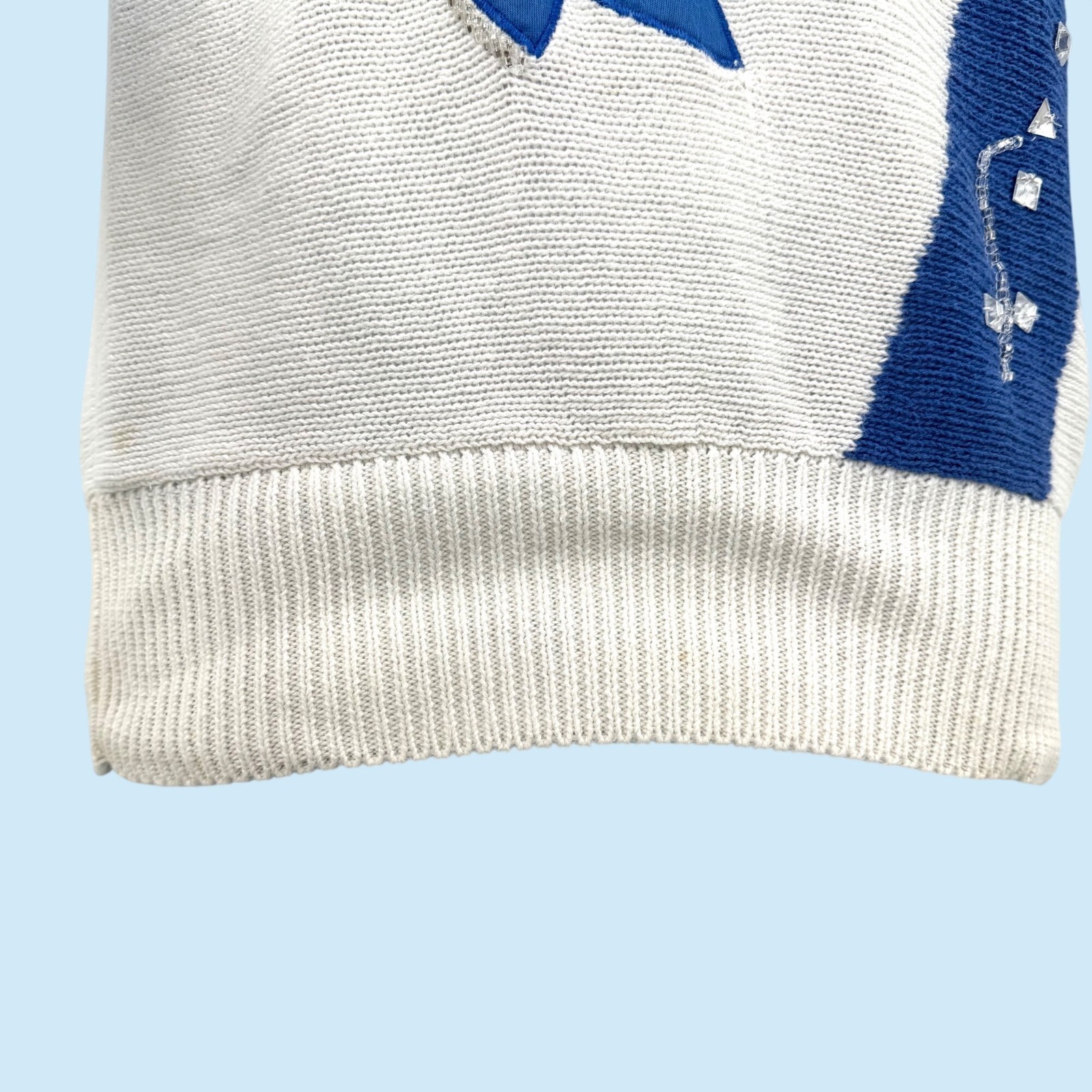 VTG PIERRE LAMONTE BLUE WHITE ABSTRACT BEAD EMBELLISHED DOLMAN SLV 80’S SWEATER