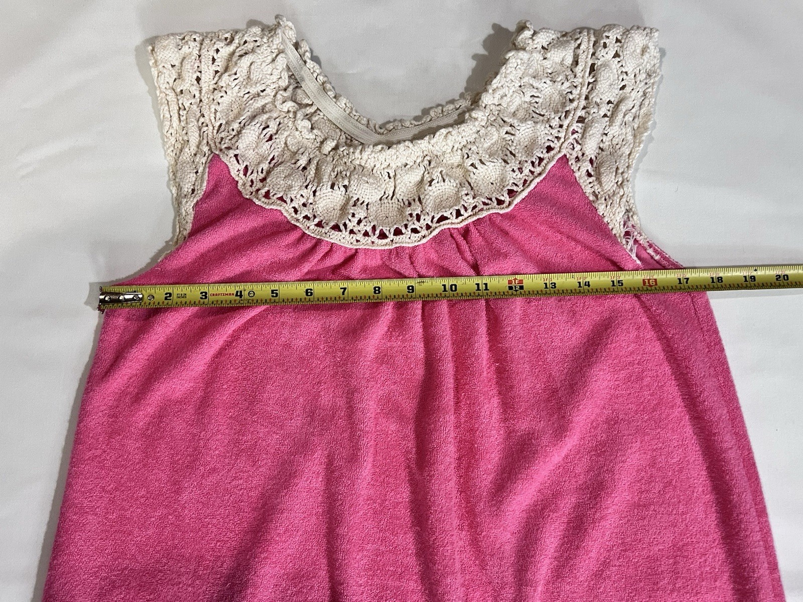Vintage Hot Pink Terry Cloth Crocheted Lace Summer Dress Swim Cover Up 70s Mod