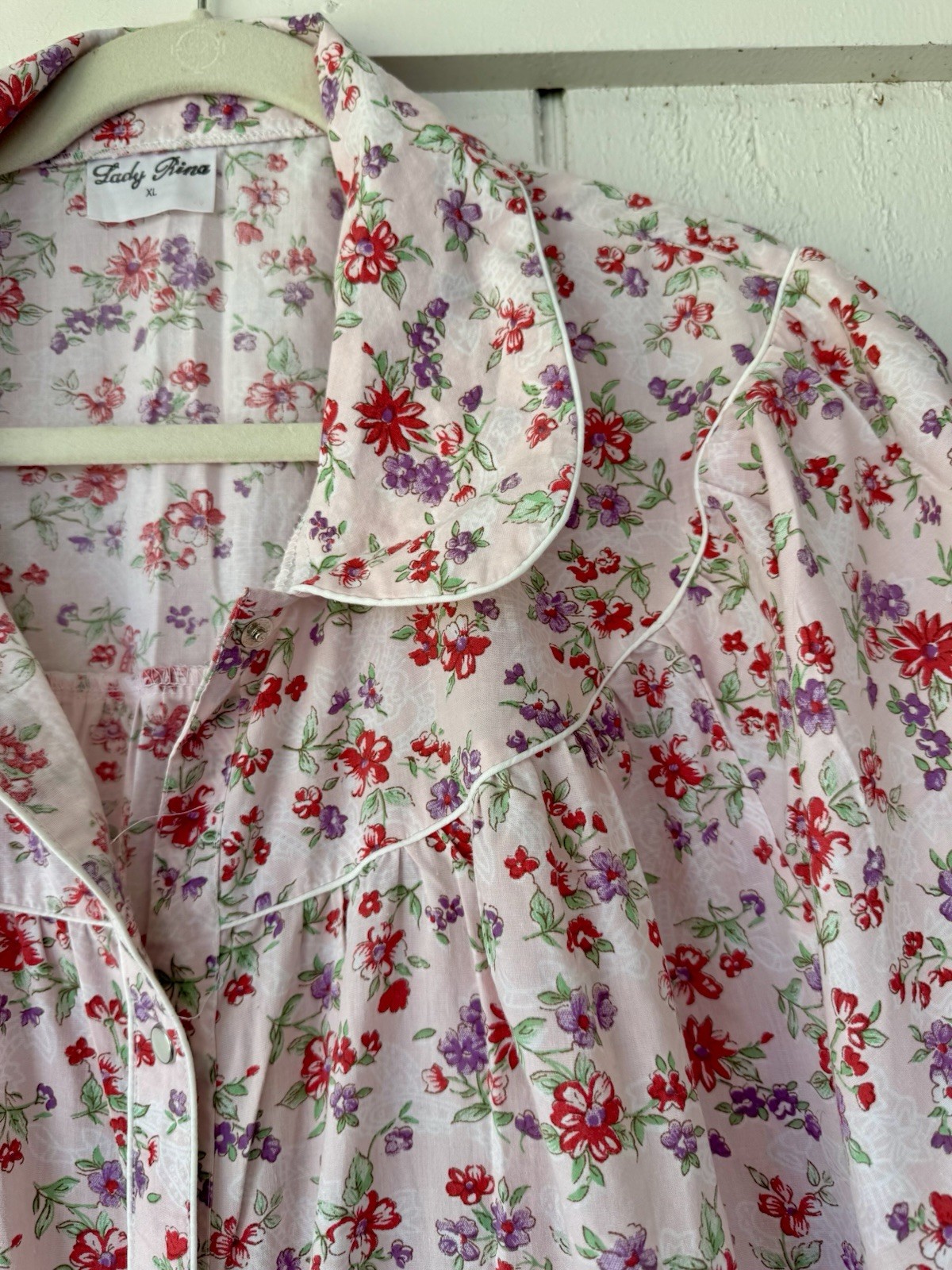 Vtg Lady Rina Pink Floral House Dress XL Snap Front Duster Lounge Muumuu Cottage