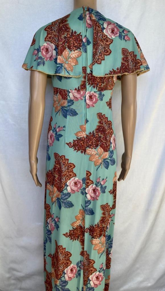 Corky Craig California Dress Vtg 1960s Caplet Shawl Collar Aqua Rose Paisley