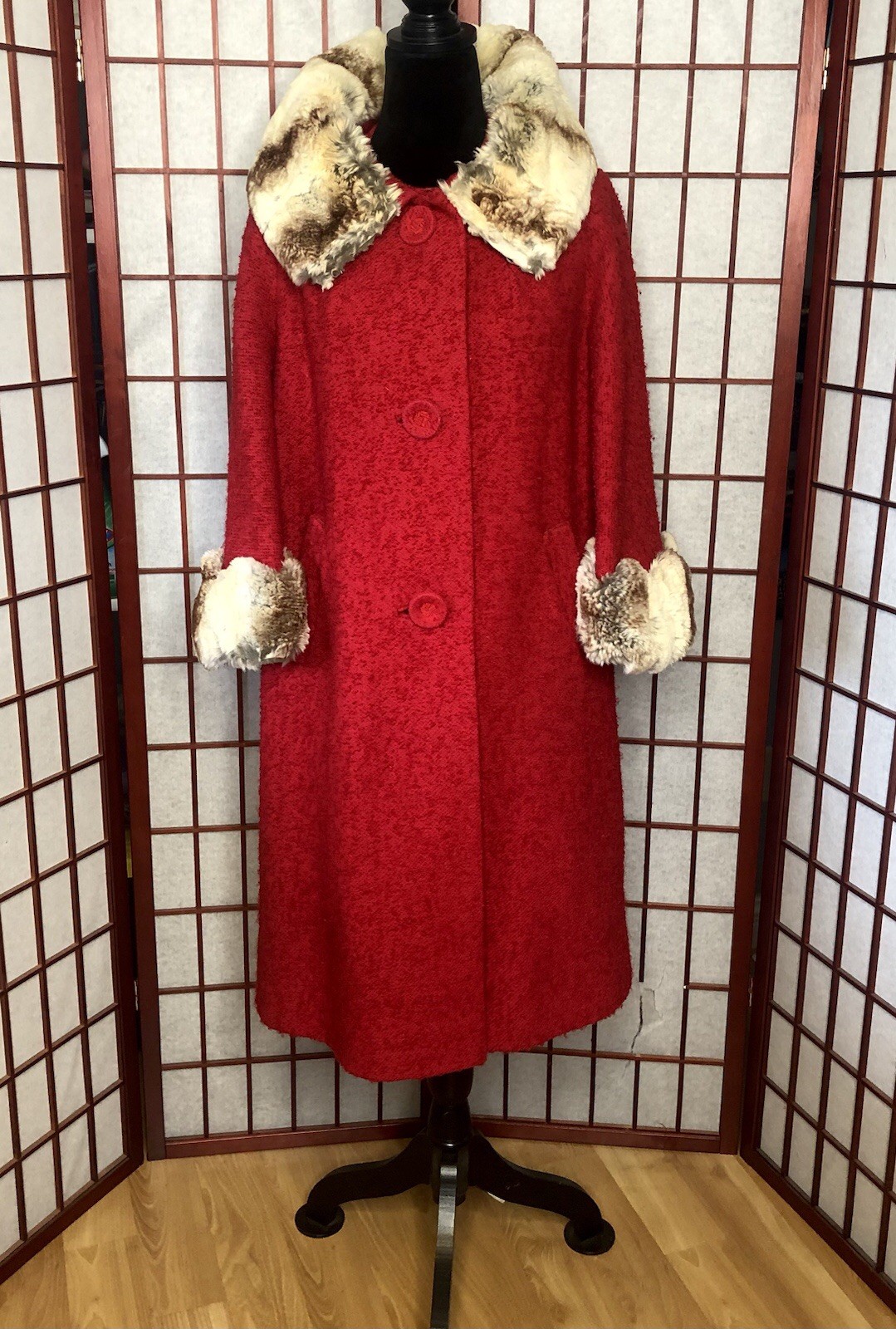 Vintage 1950s Red Nubby Boucle Swing Rockabilly Fur Trim Coat Med/Large