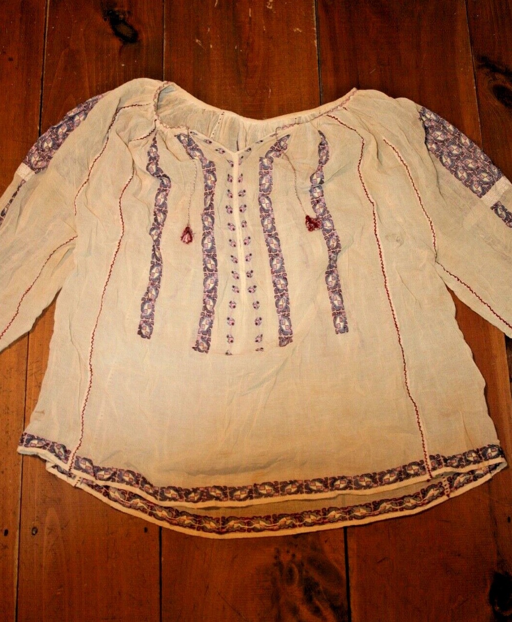 Vtg Silk Embroidered Hungarian Romanian Chiffon Gauze Sheer Peasant Blouse Boho