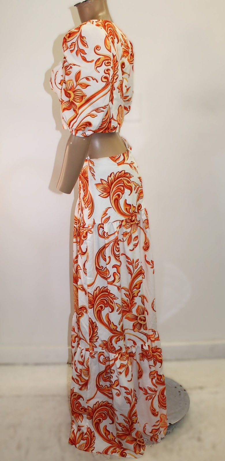 Banjul Vintage 2 Piece Floral Set w Puff Sleeves Cropped Bodice Slit Skirt SizeM