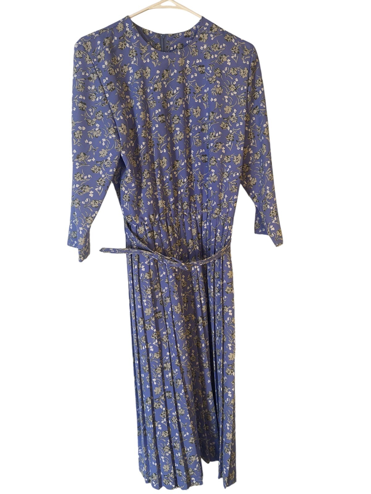 Women’s Vintage Nancy II Blue Floral Belted Dress, 44” Length, Size 8 Petite