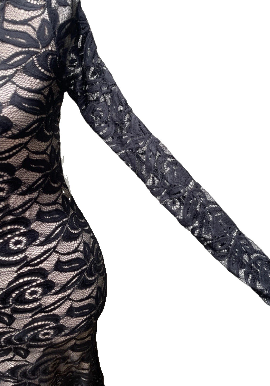 VNTG Black Floral Lace Body-con Dress~Nude Underlay~Long Sleeves Size M ~USA