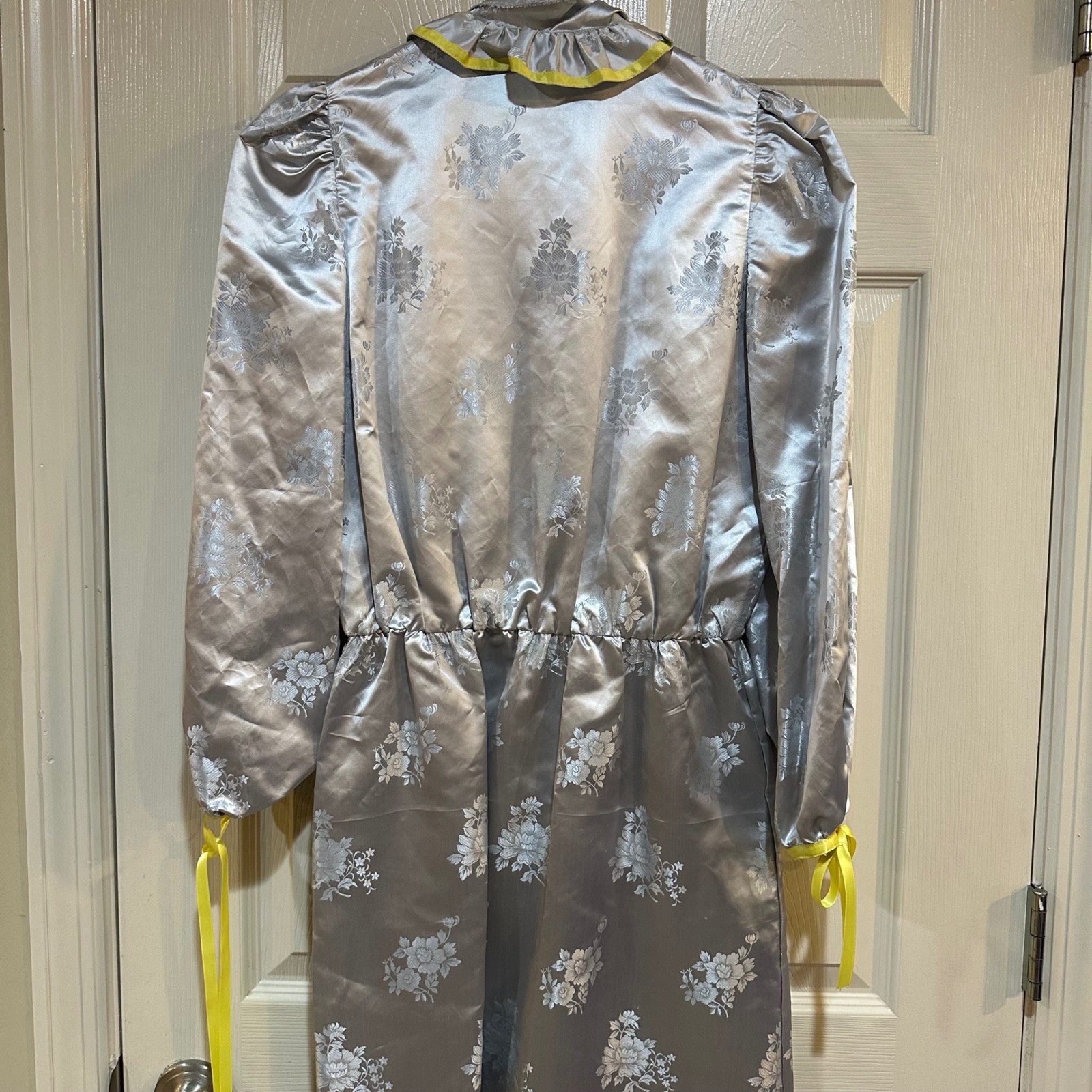Vintage Silver Floral Damask Maxi Dress Yellow Ribbon Ruffle Collar Handmade