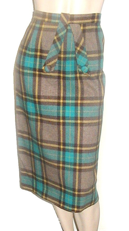 Preppy PLAID WOOL PENCIL SKIRT Teal cocoa golden 24W Vintage 1950s Wiggle TAB