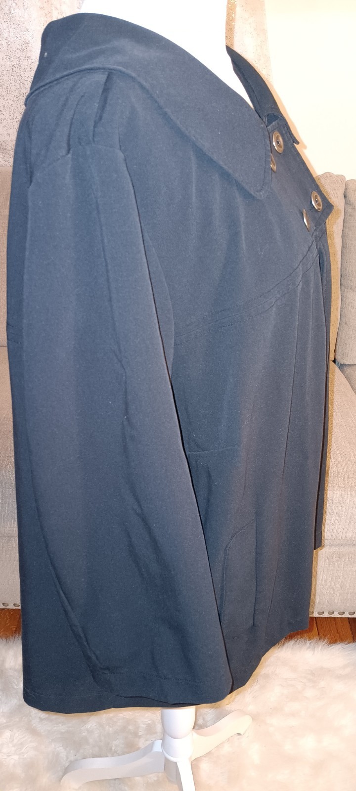 Avenue Black Double Breasted Swing Coat Teal Satin Lining Peter Pan Collar 20