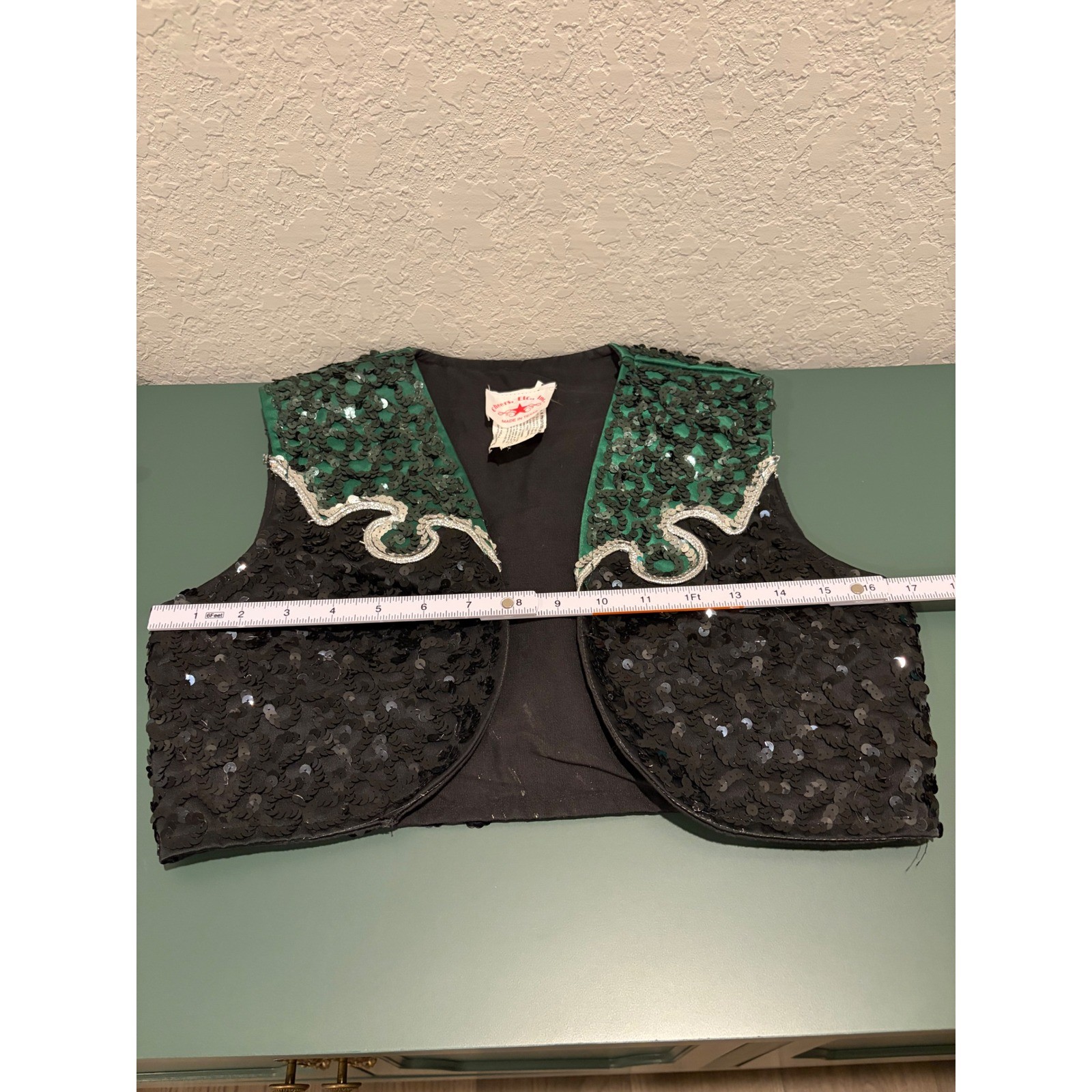 Cheers Etc Inc Vintage Sequin Western Vest Black Green Star Cropped Size 32
