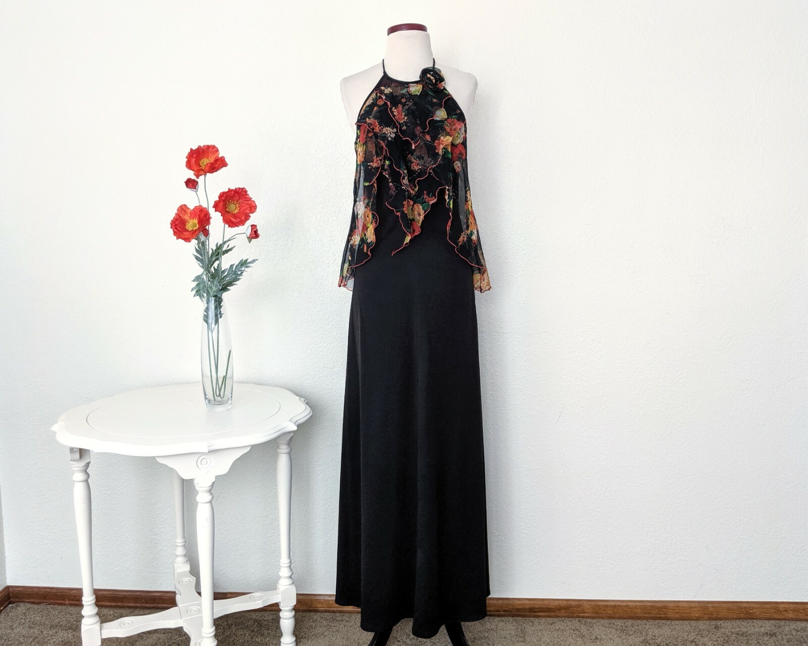 Vintage 70s Black Floral Maxi Dress, 1970s Boho Halter Top Long Jersey Dress