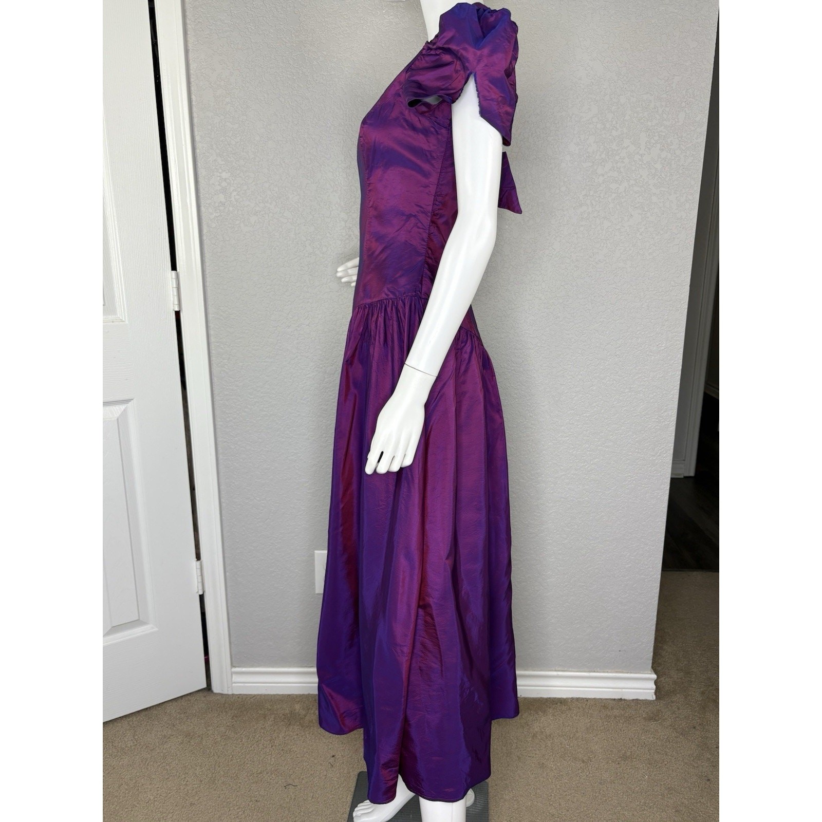 Vintage 80s Alfred Angelo Midi Dress Puff Slv Iridescent Purple Taffeta Prom S