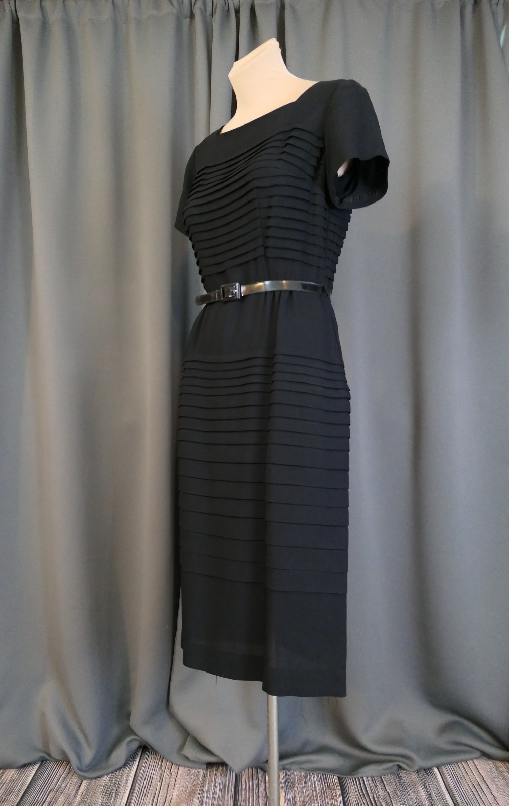 Vintage 1950s Black Pleated Dress, Hourglass Fitted, Gloria Swanson, 35 bust