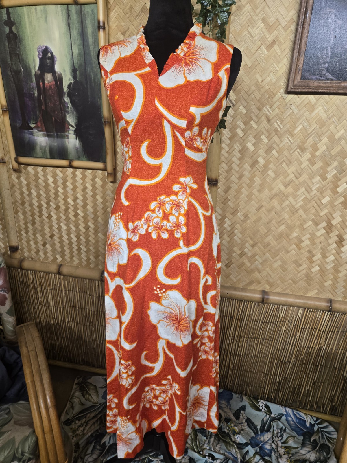 Vintage Royal Hawaiian Barkcloth Maxi Aloha Dress w1128