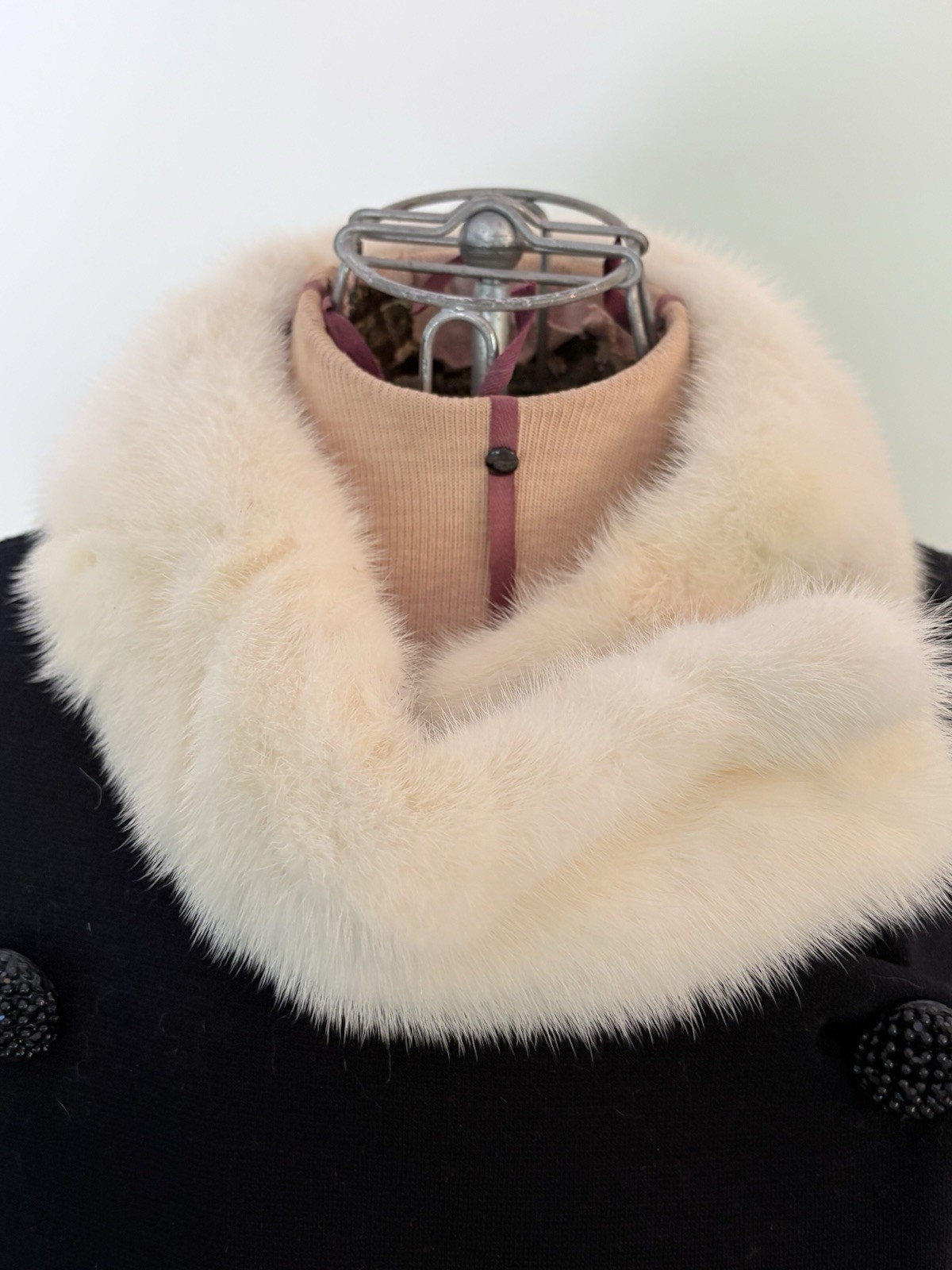 Vtg Belgium Black Wool Coat W/ White Mink Collar & Cuffs Double Breasted S/M
