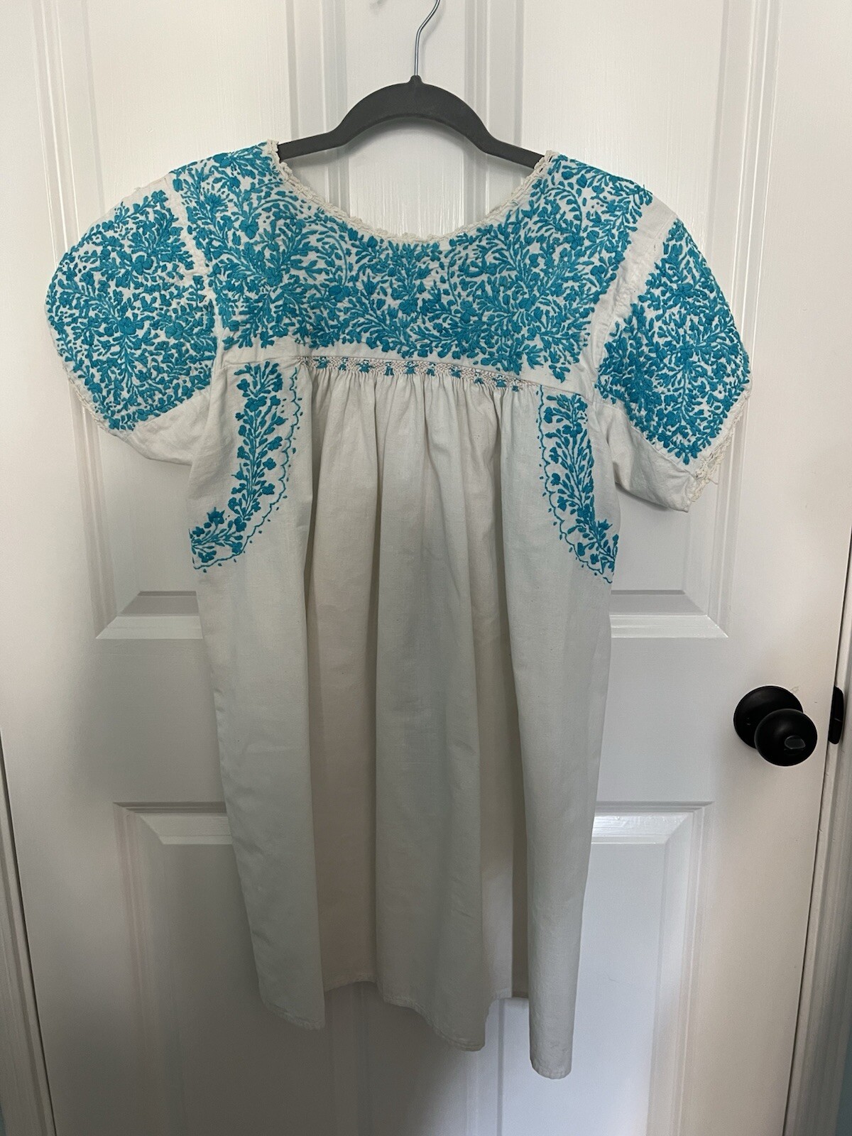 Vintage Hand turquoise and white Embroidered peasant shirt or Mini-Dress
