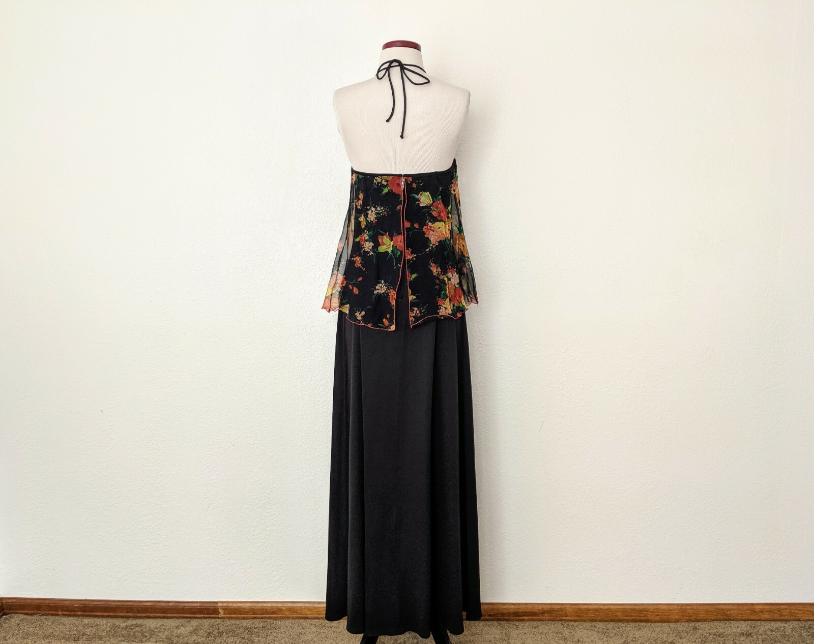 Vintage 70s Black Floral Maxi Dress, 1970s Boho Halter Top Long Jersey Dress