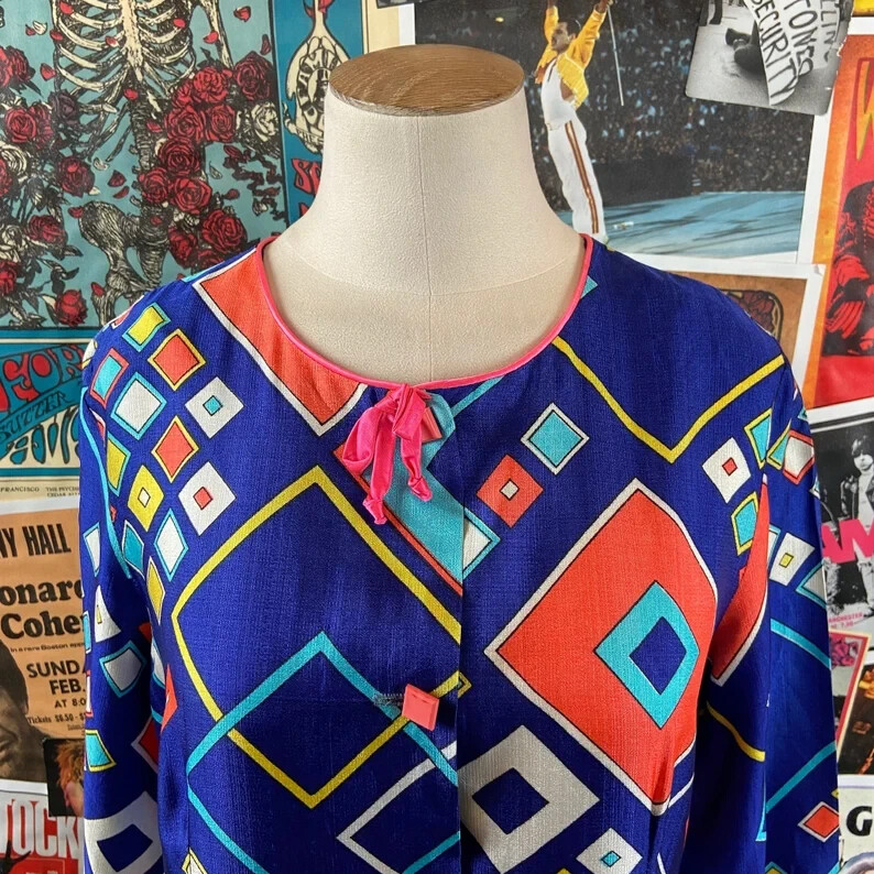 Vtg 60s Neon Mod Geometric Print Quilted Penneys Loungewear Housecoat Robe XS