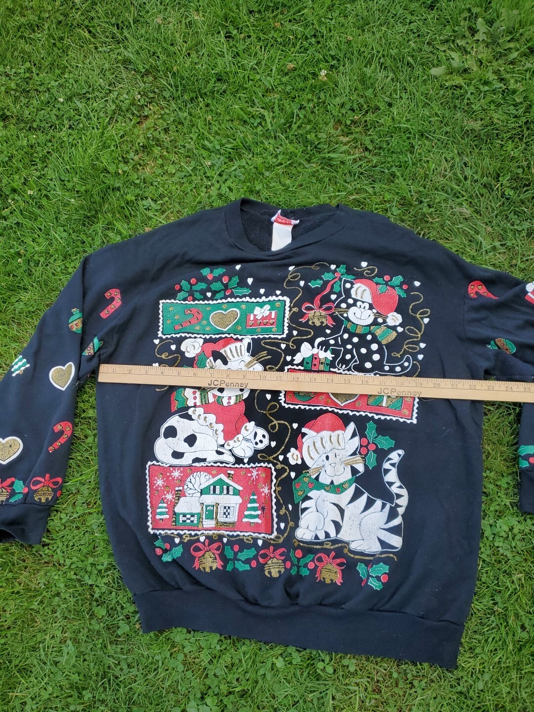 Vintage Young Stuff Cat Kitten Christmas Sweater Top Black 80s Xmas
