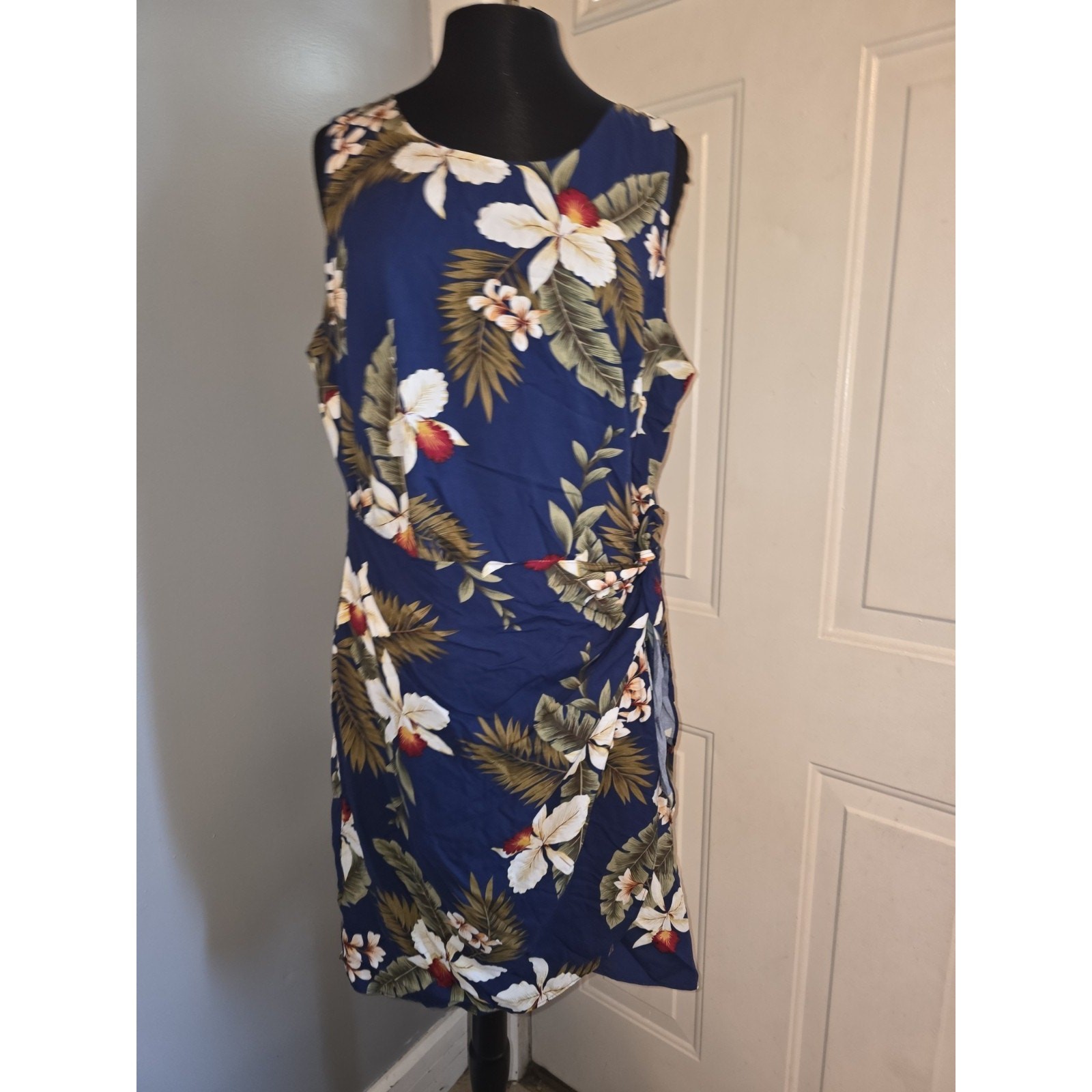 Vtg Two Palms Floral Faux Wrap Dress Hawaii Made Rayon 2XL Resort Wear Blue