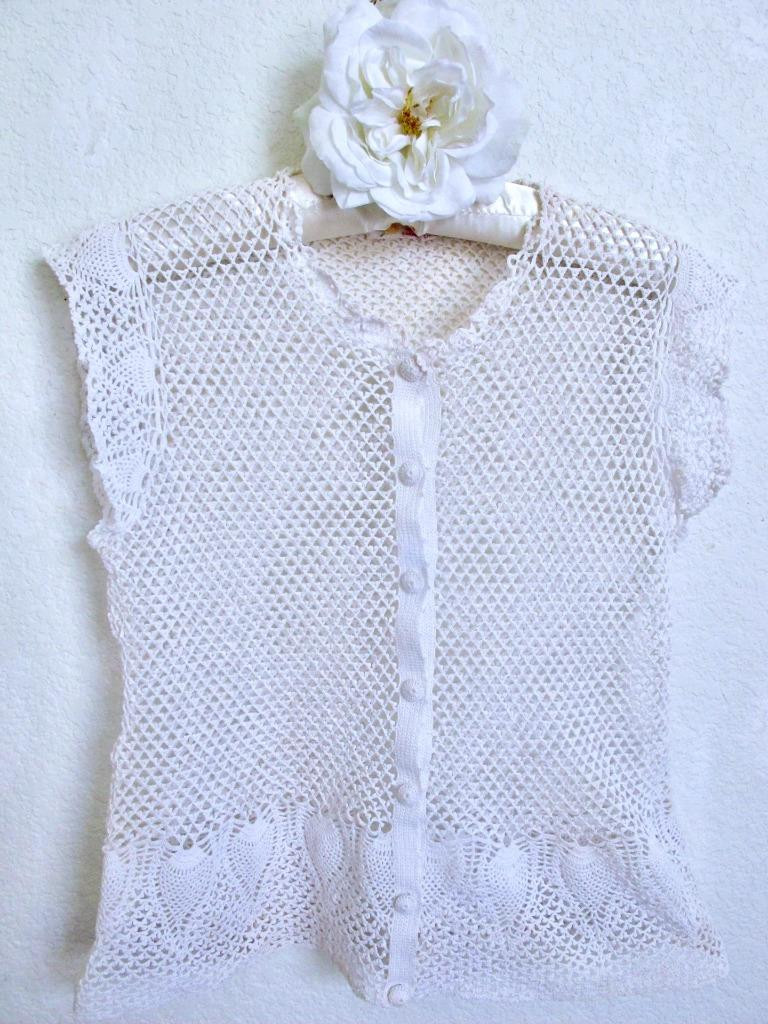 Vintage Hand Crocheted Button Down Cardigan Top S Cotton Openwork Lace Pineapple