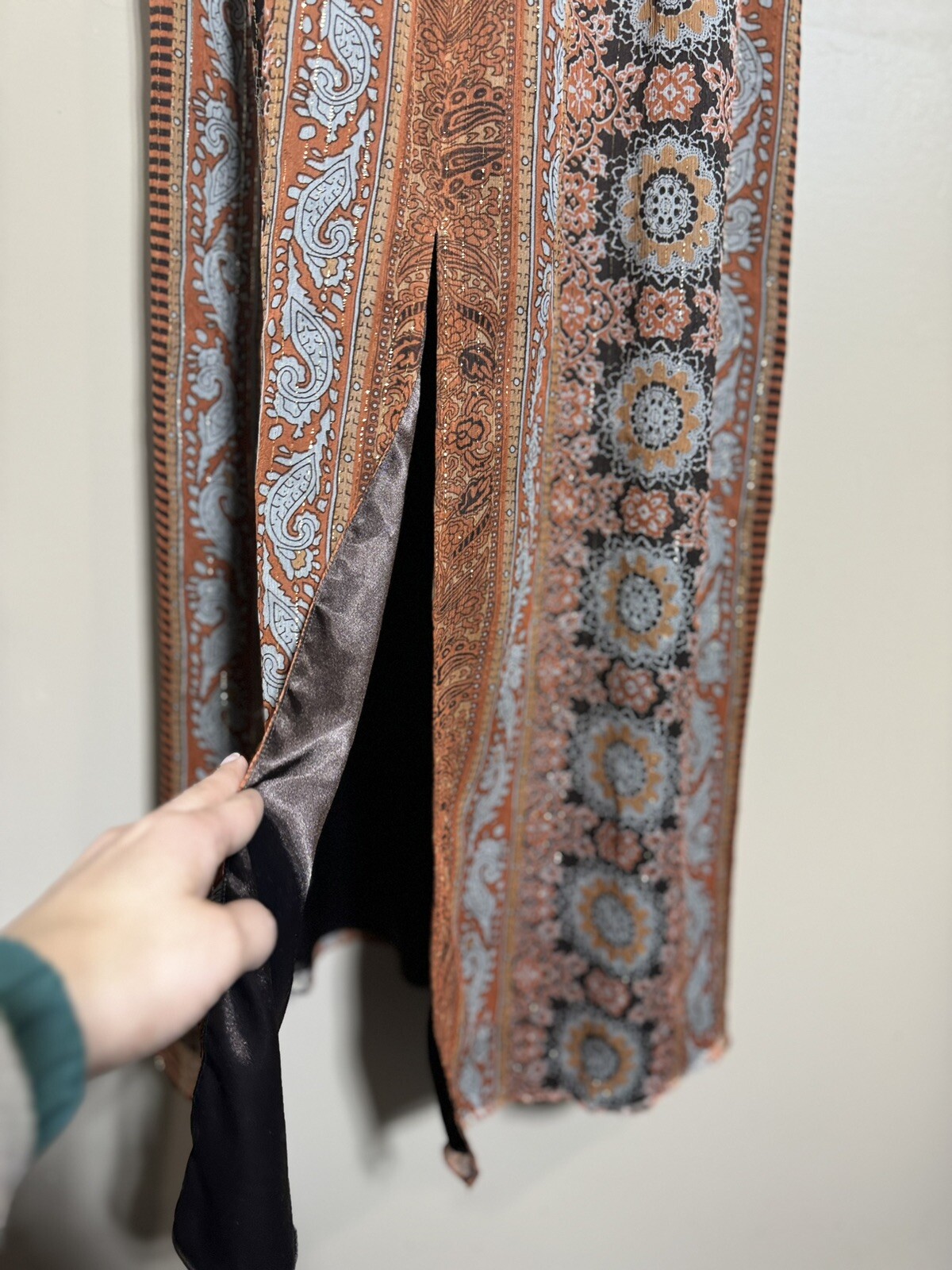 VTG Spenser Jeremy Beaded Metallic 98% Silk Sun Dress Empire Waist Brown Sz 10