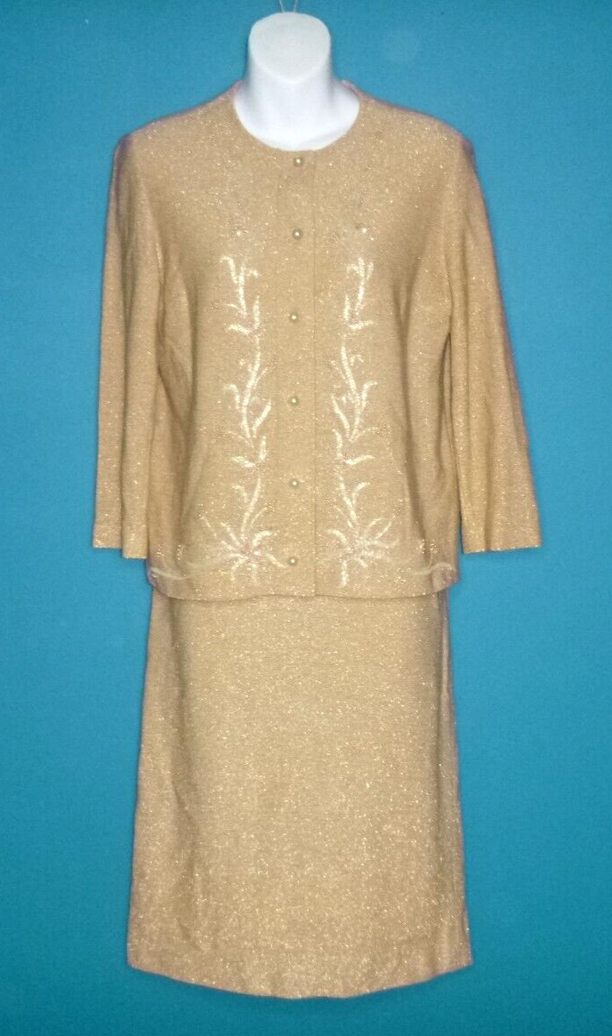 Vtg 60s Gino Paoli 2 Pc Wool Knit Cardigan & Skirt Set Gold metallic Beading S/M