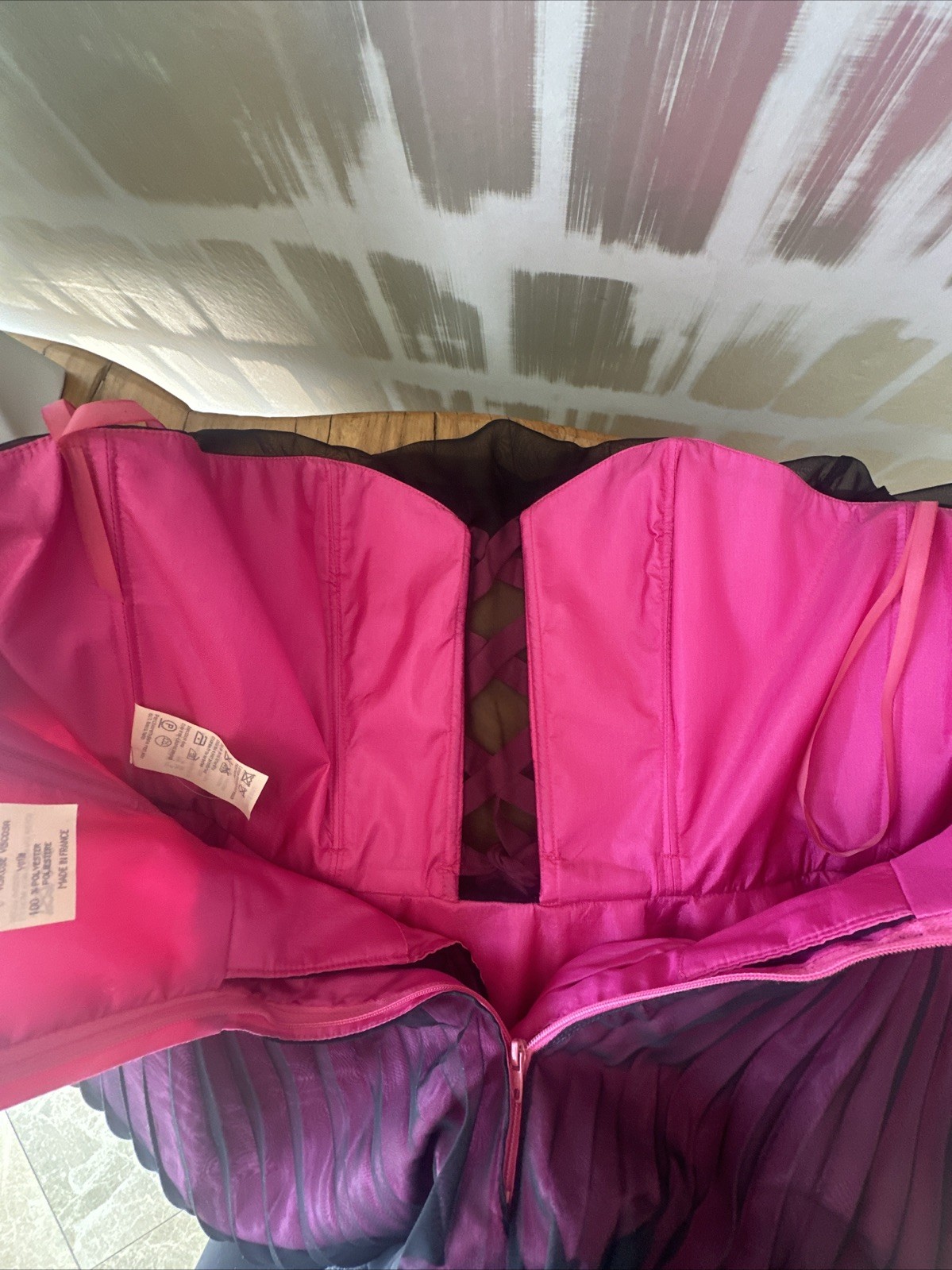Guy Laroche 80s Pink Moire & Black Chiffon Corseted Tiered Pleated Dress 40