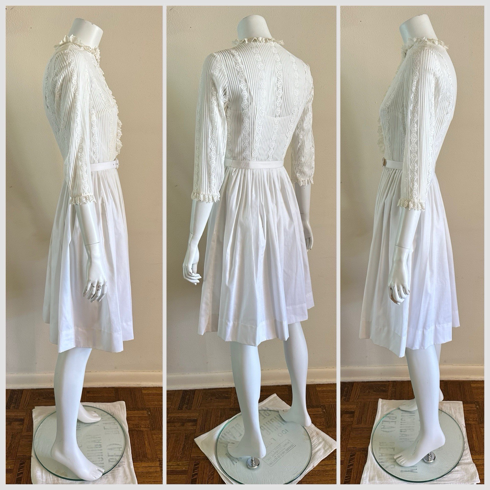 1960s 70s Judy Rhodes Victorian Revival Pleated Lace Dress Prairie Romantic VTG