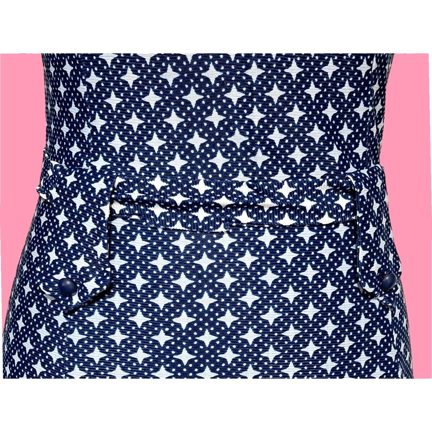 Retro Vintage 70s Geometric Star Tunic Pant Set Womens Small Navy White Mod