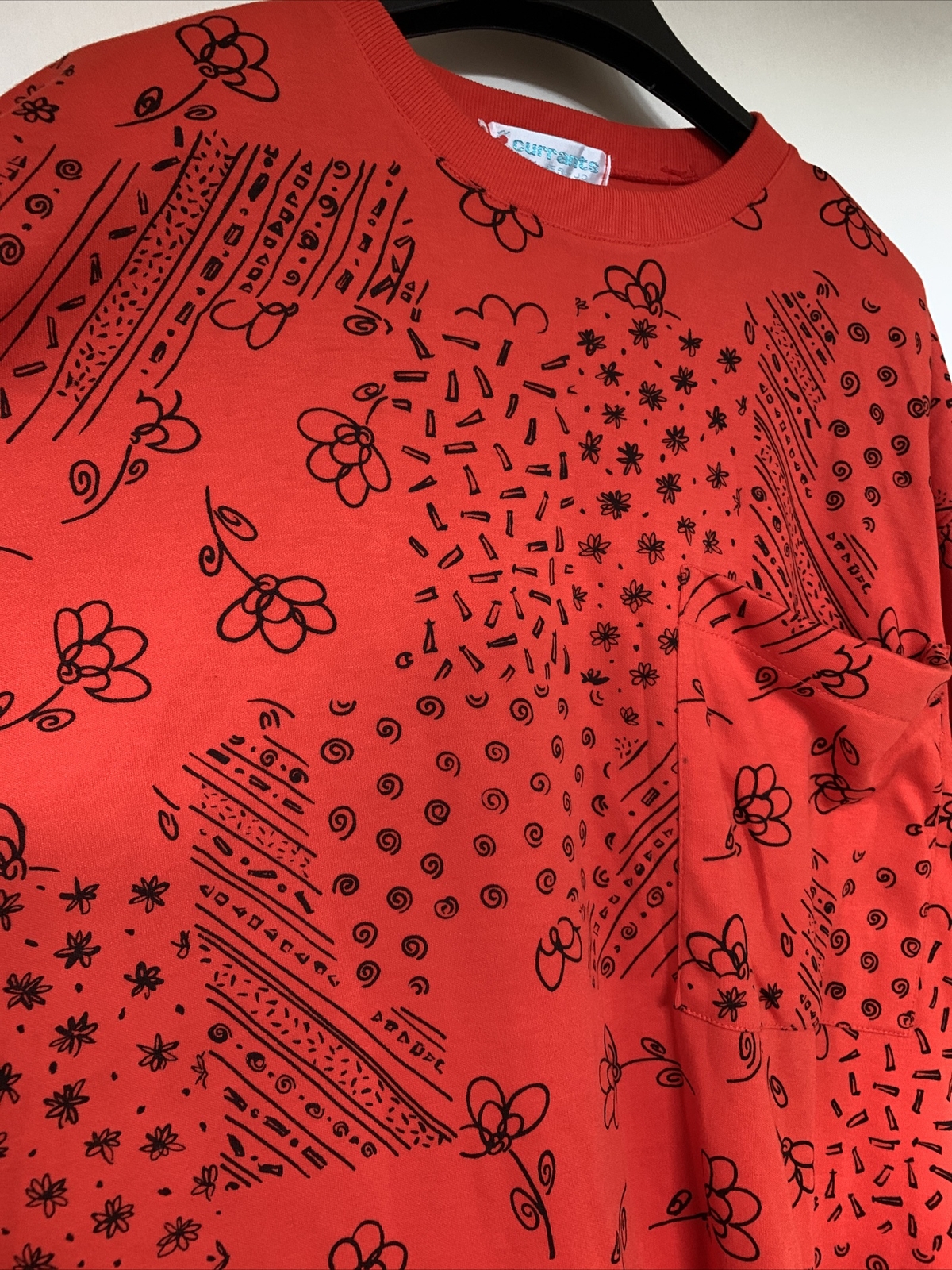 Currants By Jeri-Jo Vintage 1970’s Orange Black Flower Pocket Shirt Women’s Sz L