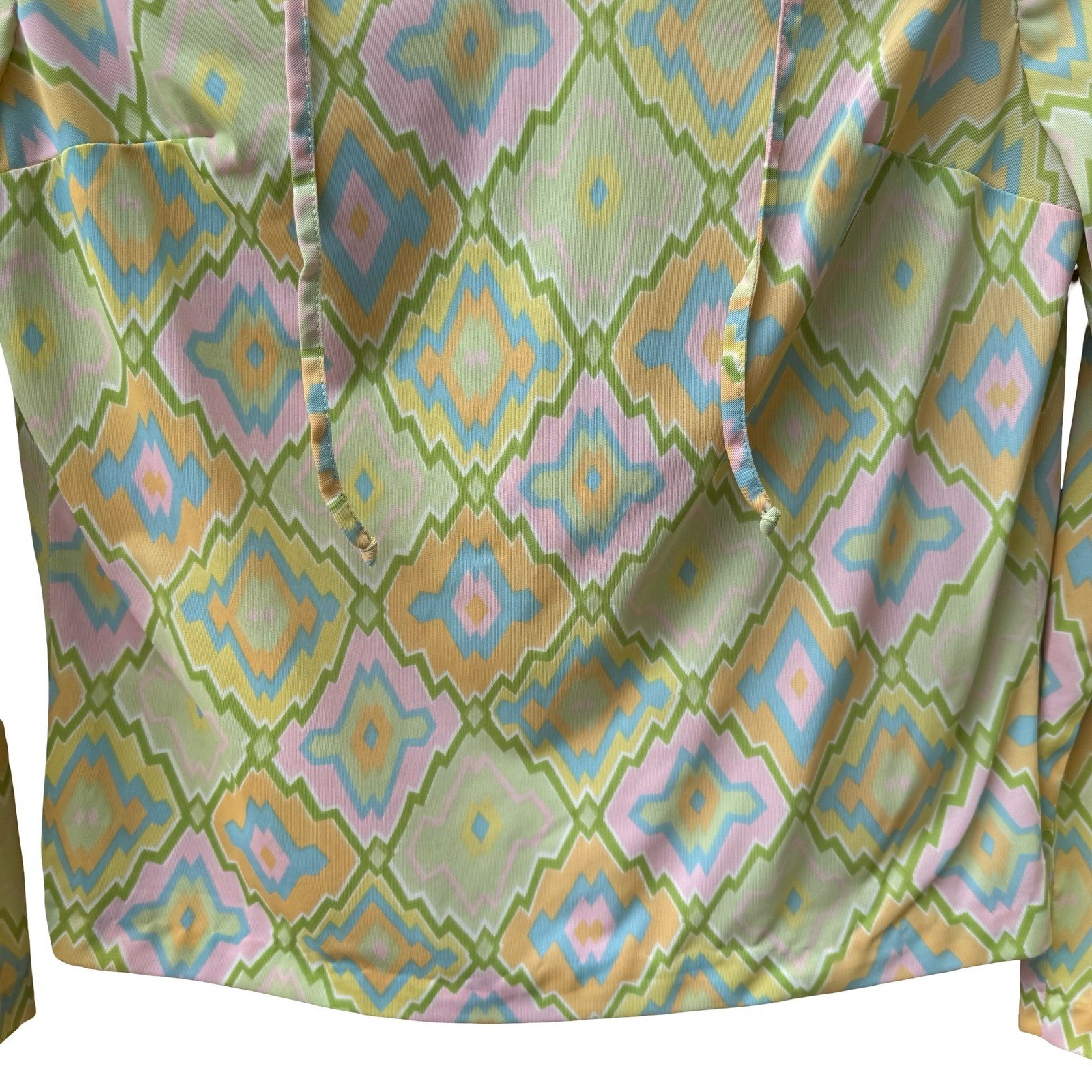 Bobbie Brooks Vintage 70s Pastel Psychedelic Geometric Groovy Tie Neck Blouse