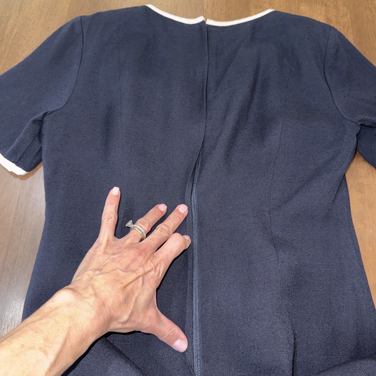 Vintage Navy Sheath Dress Petite 8 Union Made Gold Buttons White Trim Lined