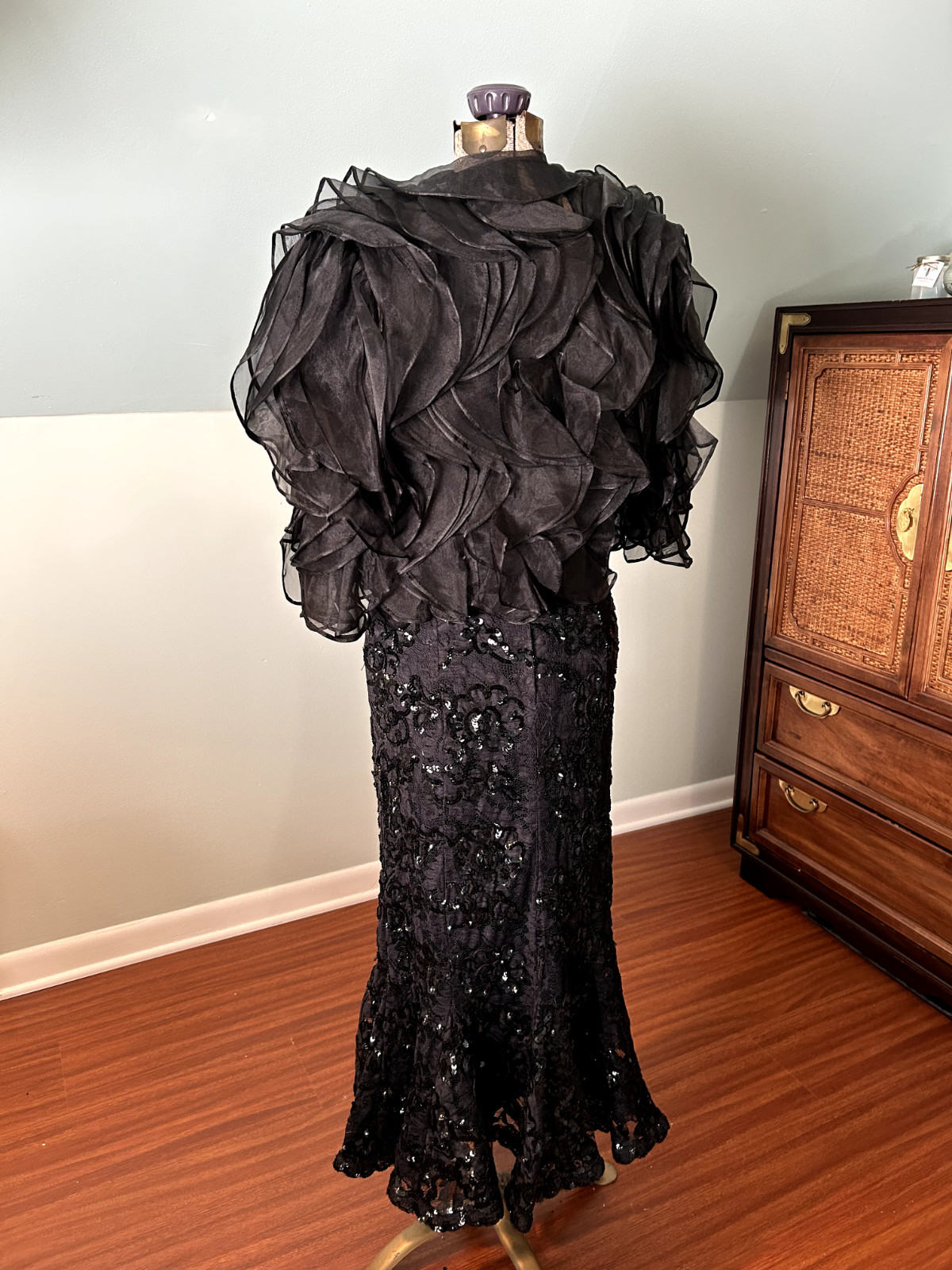 1960s 1970s Incredible Black Sequin Mermaid Gown With Statement Ruffle Bolero