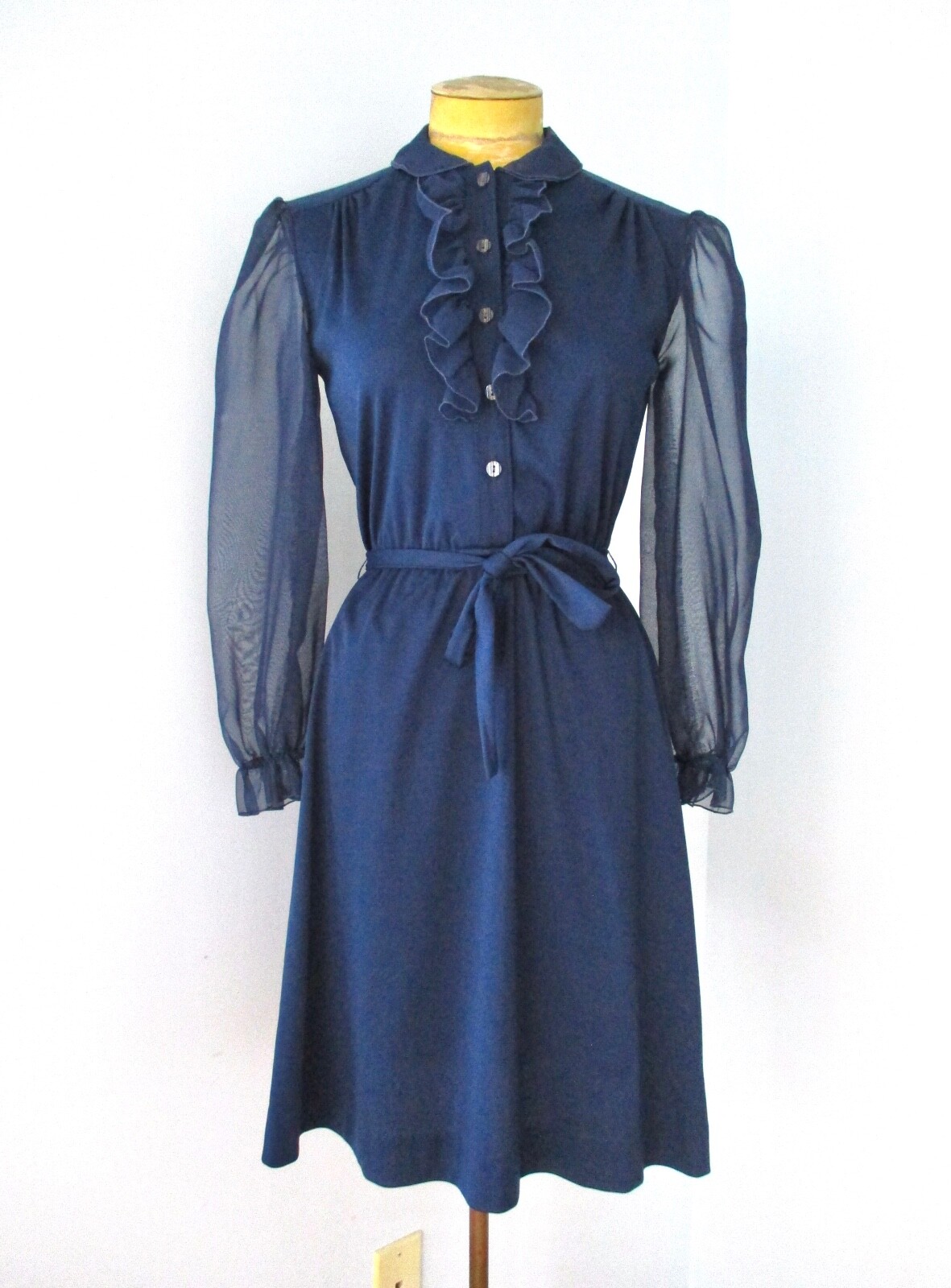Vtg 70s Blue Poly Chiffon Knit Dress Sheer Puff Sleeves Tuxedo Ruffle PS or S